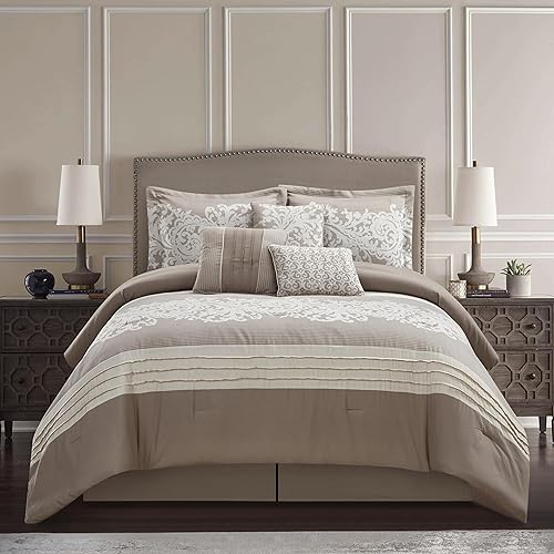 Miniatura 8 de Grand Avenue Juego de edredón azul tamaño King, juego de ropa de cama jacquard con clip, 10 piezas, damasco para todas las estaciones, falda de