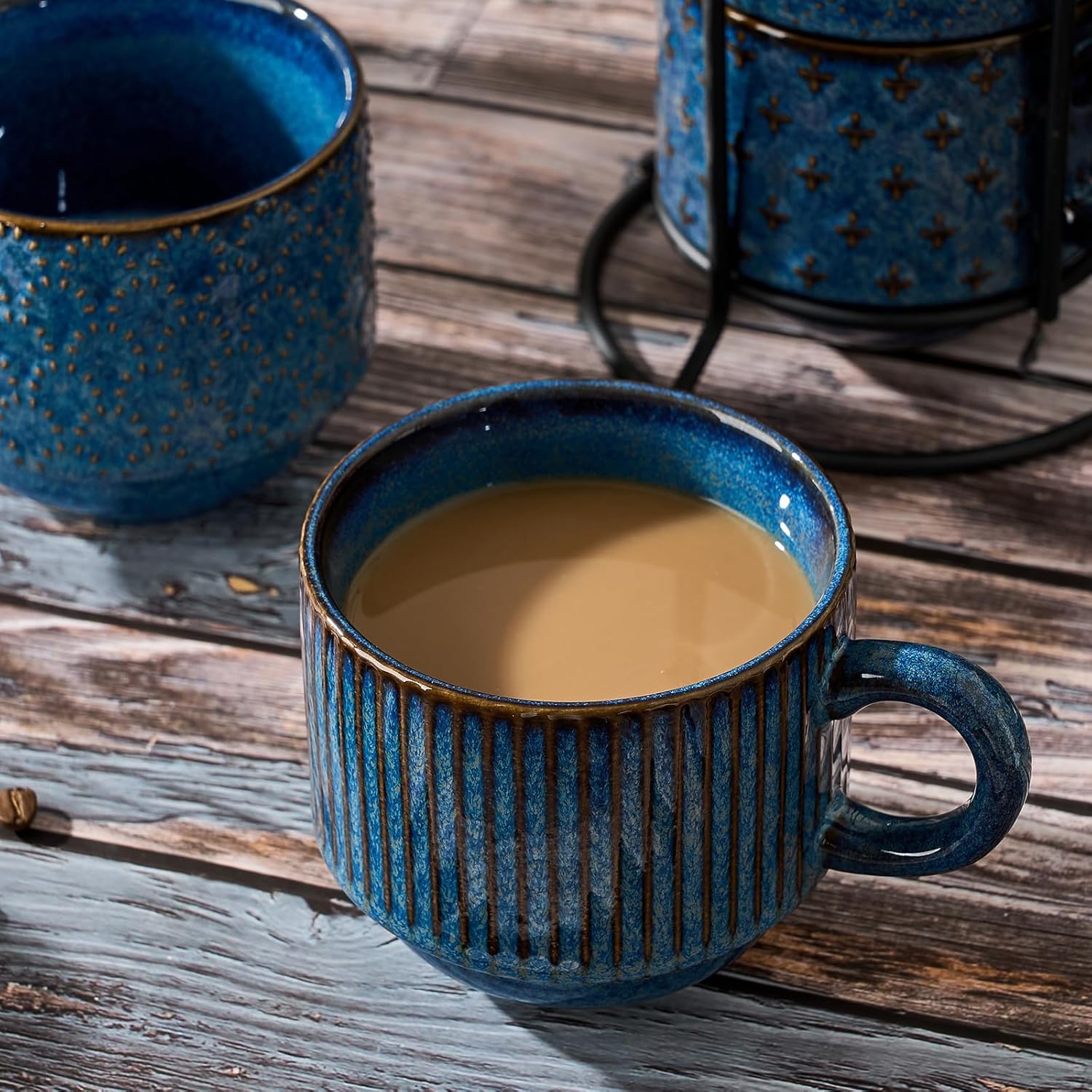 Large Ceramic Coffee Mug Set of 4 with Stand, 15 Oz Stackable Different Embossment Ribbed Latte Cup Set for Cappuccino, Tea, Hot Cocoa, Drinks - Dishwasher & Microwave Safe, Blue - Image 8
