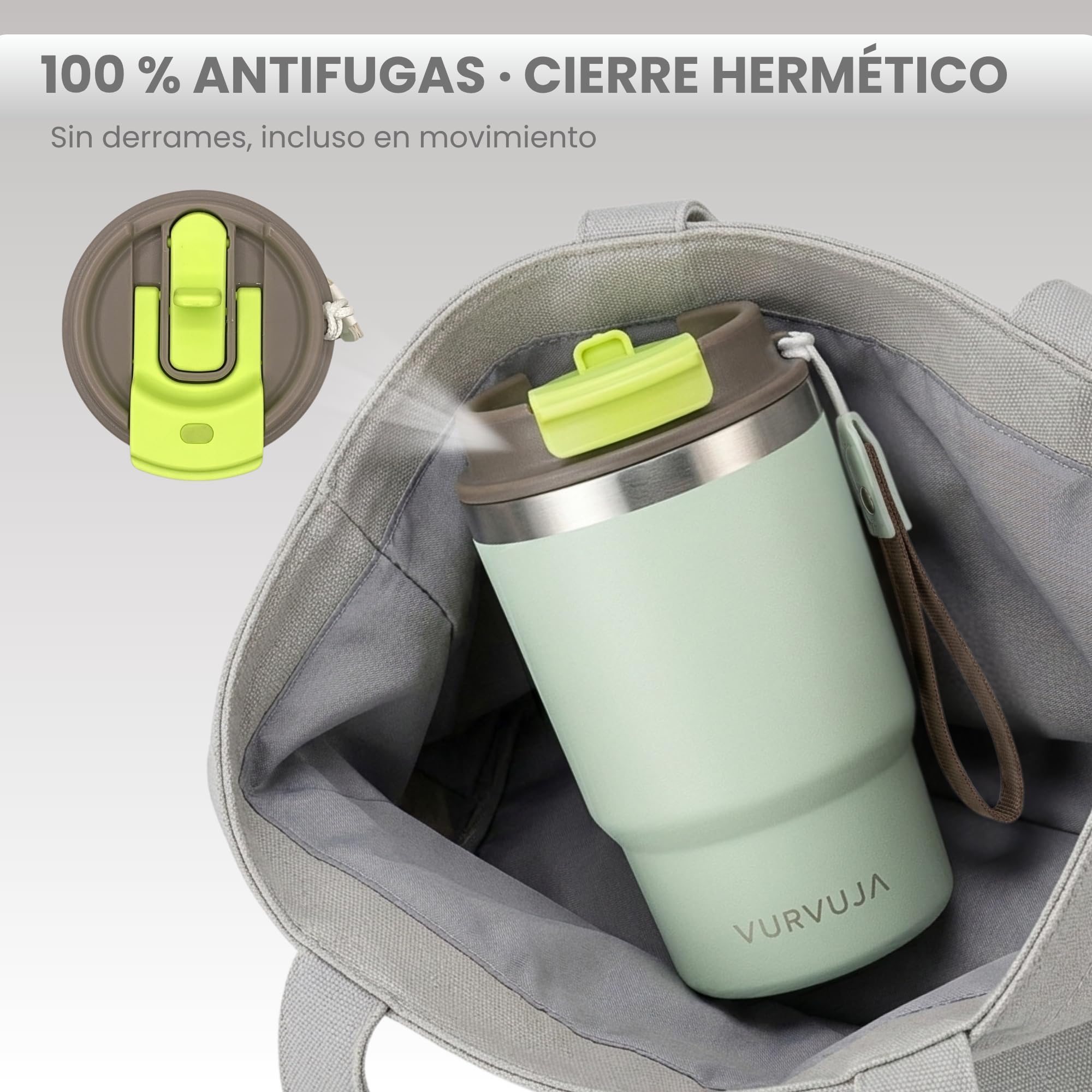 Vaso Termico 470ml de Acero Inoxidable 3en1 con Pajita y Tapa Antifugas. Taza Termica con Correa Integrada, Reutilizable y sin BPA. Termo Cafe para Llevar con Doble Pared para Frío y Calor. (Mint) — view 4