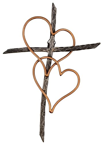 Decorative iron wall cross with an entwined hearts design