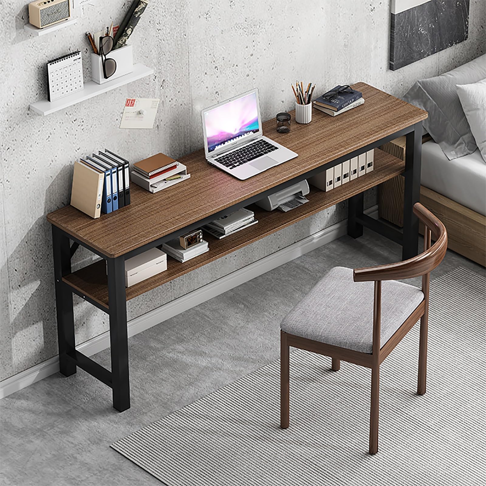 Slim Independent Desk Space-Saving Study Table for Bedroom Dining Table for Living Room 29.1" Height Double Shelf Design Modern Home Office Furniture.