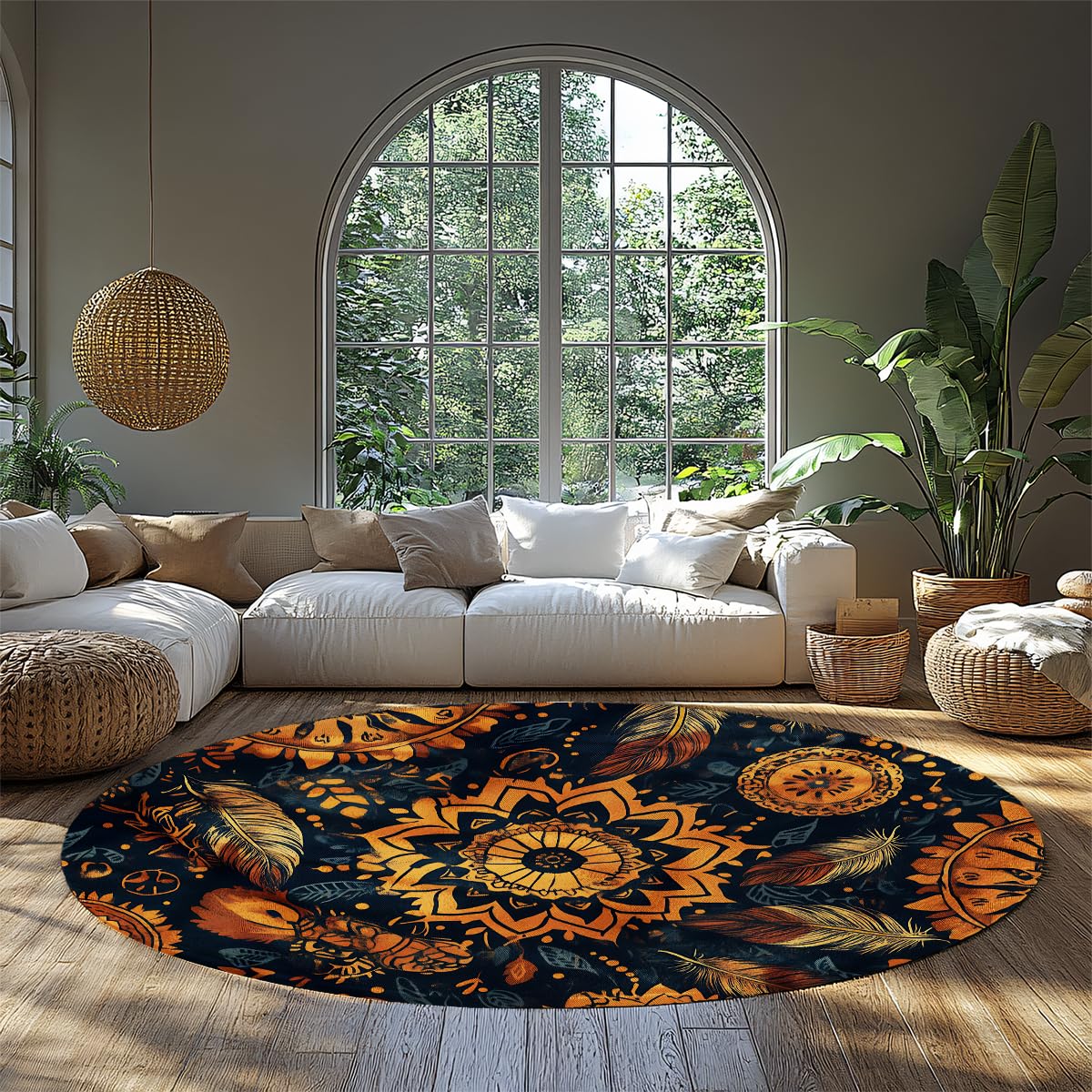 Waschbarer runder Teppich Vintage Ethnic Tribal Blumenfedermuster Kreis Teppiche für Schlafzimmer Weicher Rutschfester Boho-Teppich für Wohnzimmer 80cm