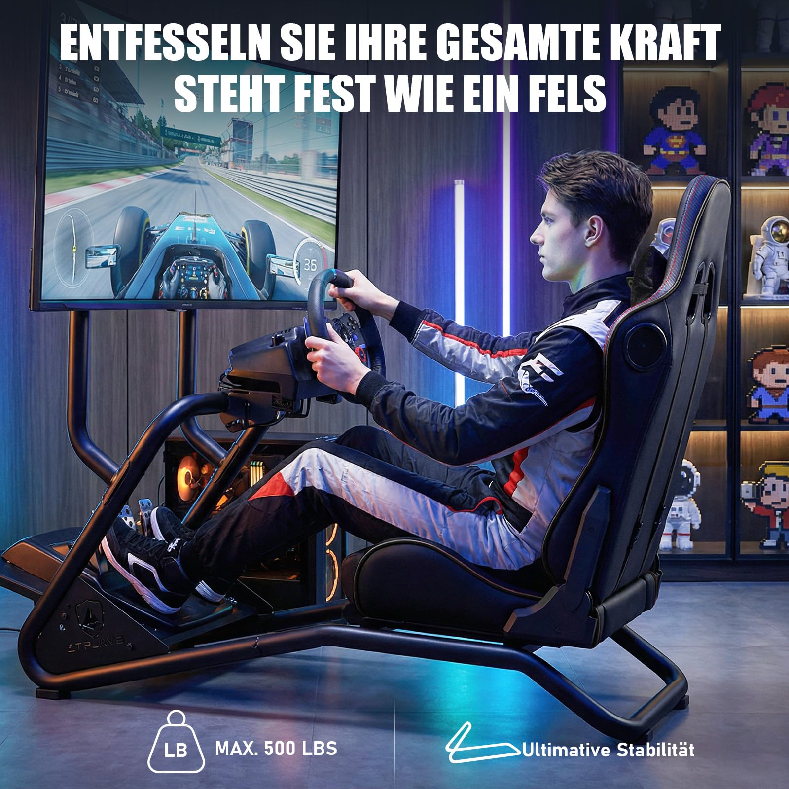 GTPLAYER Simulator Cockpit Rennsimulator Lenkradständer mit 3D-Stereo-Lautsprechern, Monitorhalterung, verstellbarer Lenkradhalterung, Schalthebelhalterung und Fußpedalen (Schwarz)