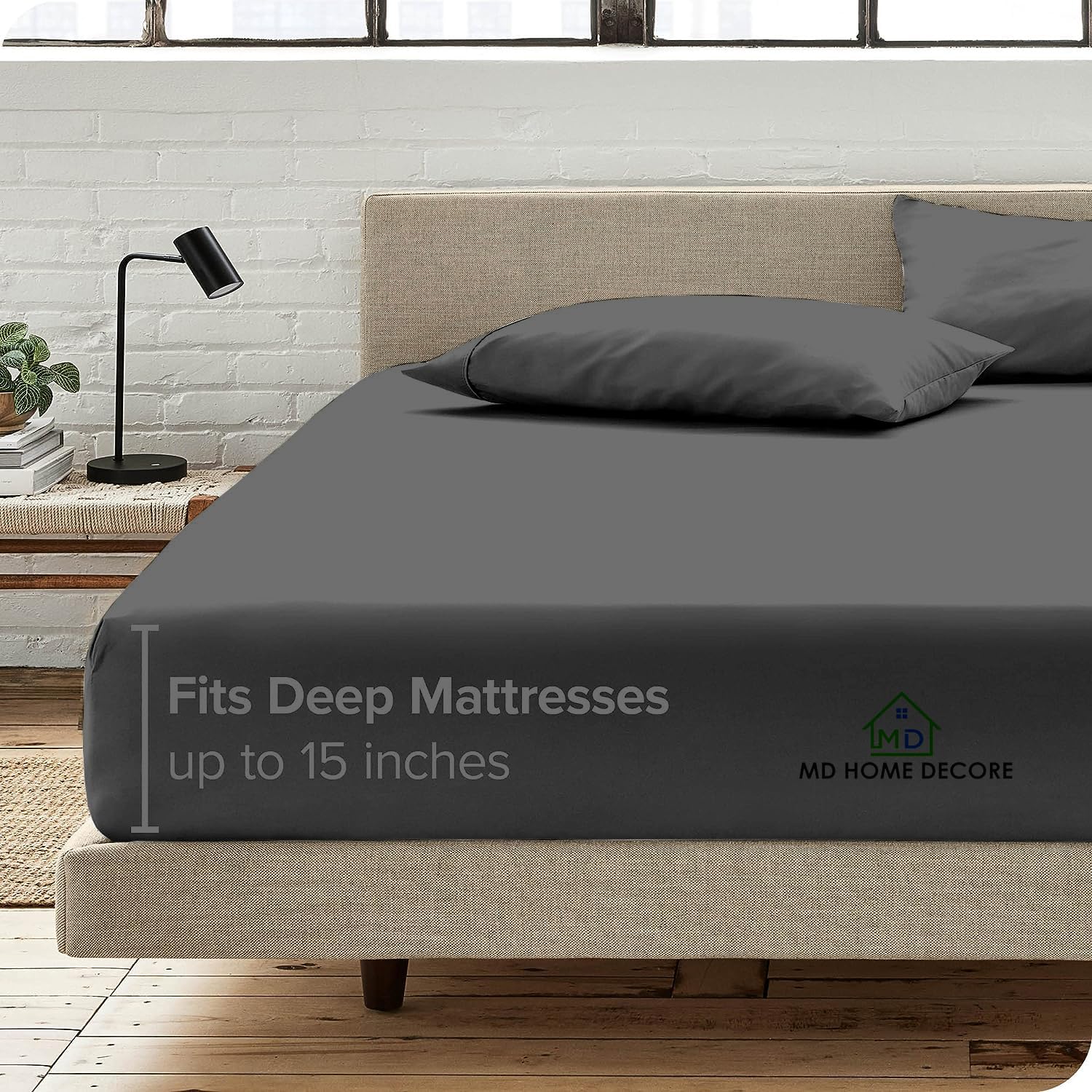 View 1 of 1 Fitted Sheet Only, 100% Egyptian Cotton, fitts Upto 15 Inch Deep Pocket, Bottom Sheets Only, King Size, Hotel Luxury Single Fitted Sheet Only, High Thread Count, Soft & Breathable, Dark Grey Solid