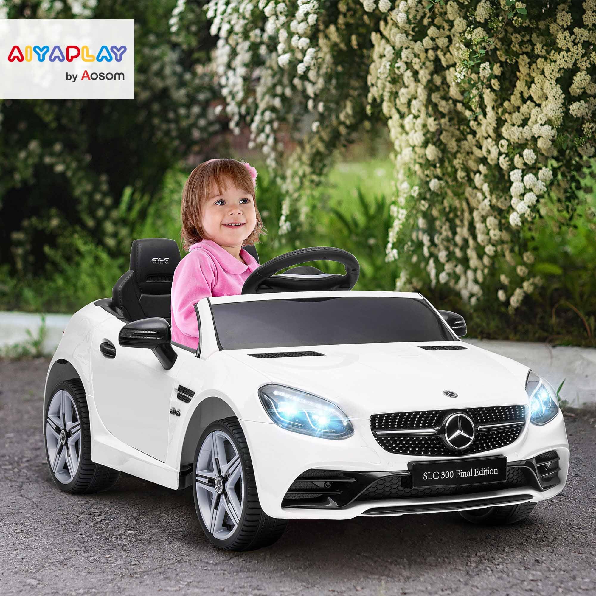 AIYAPLAY Macchina Elettrica per Bambini 3-6 Anni 12V Licenza Mercedes SLC 300, 3-5km/h Auto Elettrica per Bambini con 2 Motori, Sospensioni, Telecomando, Musica, Clacson e Fari, in PP Metallo, Bianco