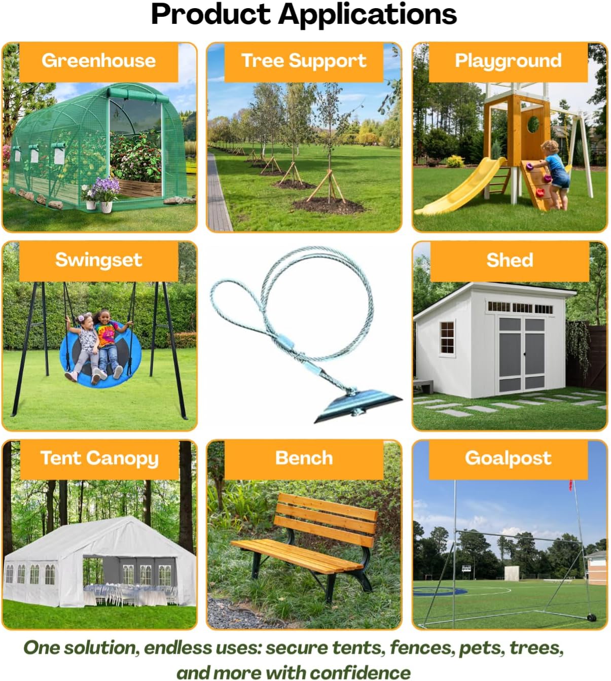 3.5" Chisel Earth Anchors - 12 pcs and Drive Rod - Heavy Duty Ground Anchor with 32" Cable - Cable Earth Anchor for Swing Set, shed, Greenhouse, Fence and More