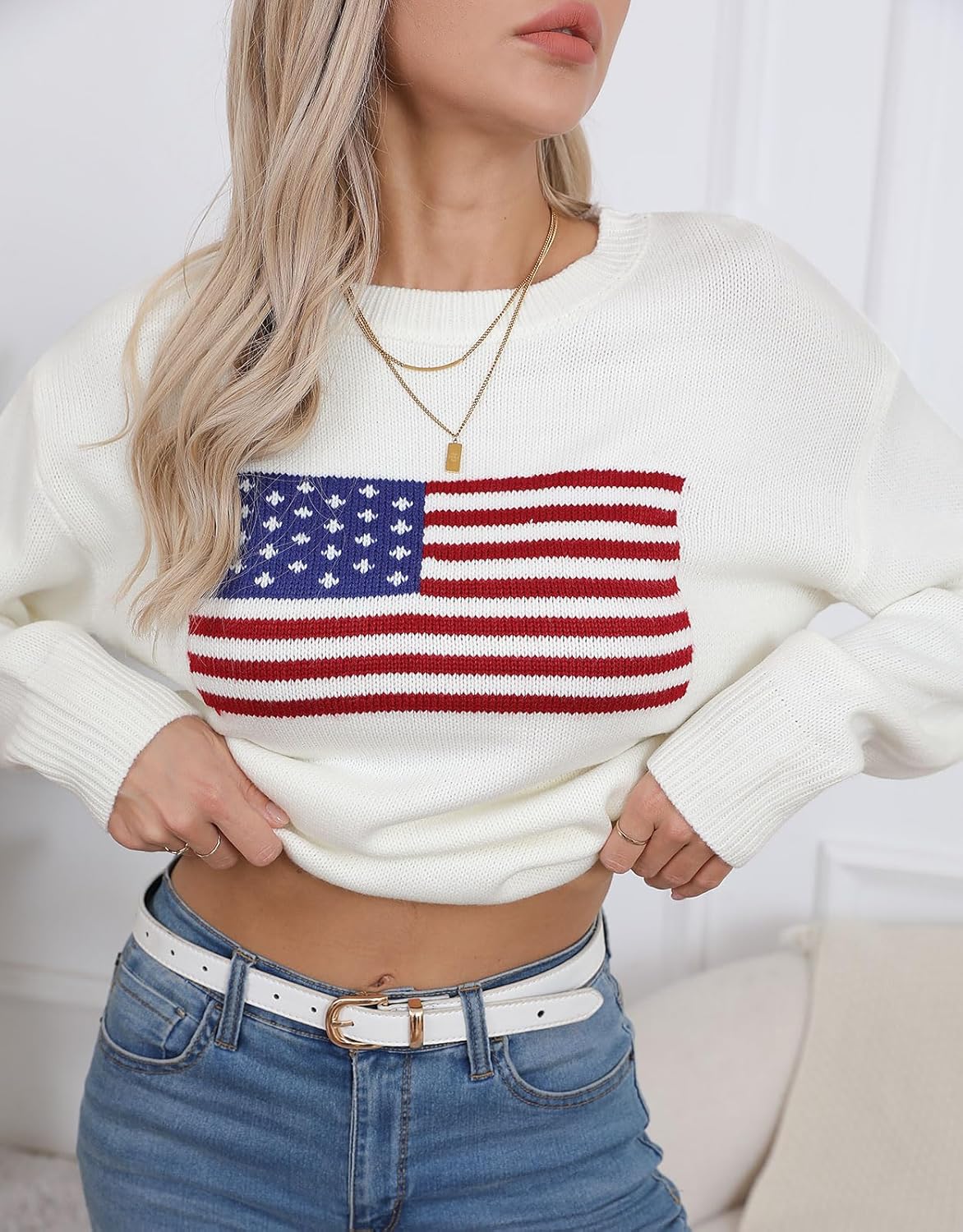 Womens American Flag Sweater Long Sleeve Crew Neck Knitted Casual Pullover Sweater - Image 3