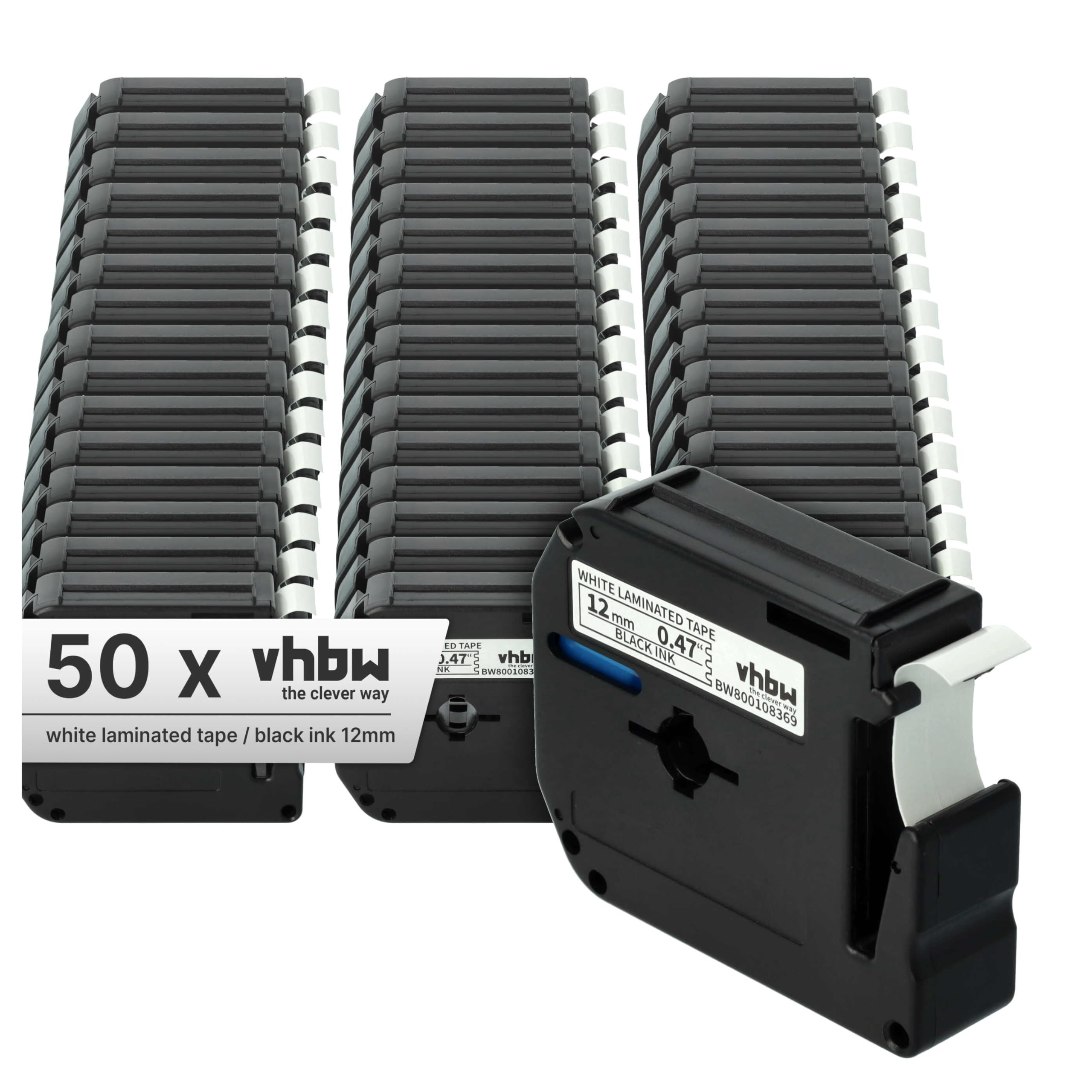 vhbw 50x cinta de escritura compatible con Brother P-Touch M95, H110 impresora etiquetas 8m x 12 mm negro a blanco