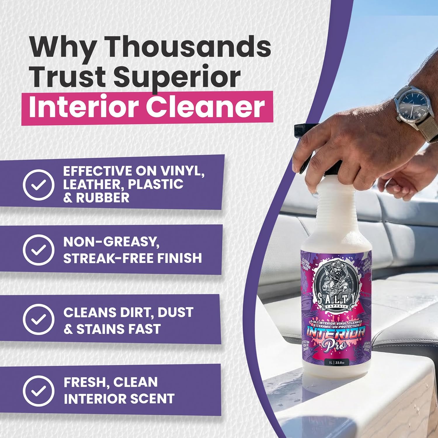 Salty Captain Superior Interior Cleaner | Interior Cleaning & Protection Spray for Vinyl, Leather, Plastic & Rubber | Removes Dirt, Dust & Stains | Non-Greasy Finish for Boats, RVs & Vehicles | 16.9oz