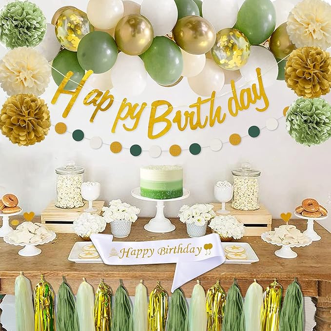 Kit Decoracion Fiesta Verde Salvia Oro Globos Cortina Bander miniatura 2