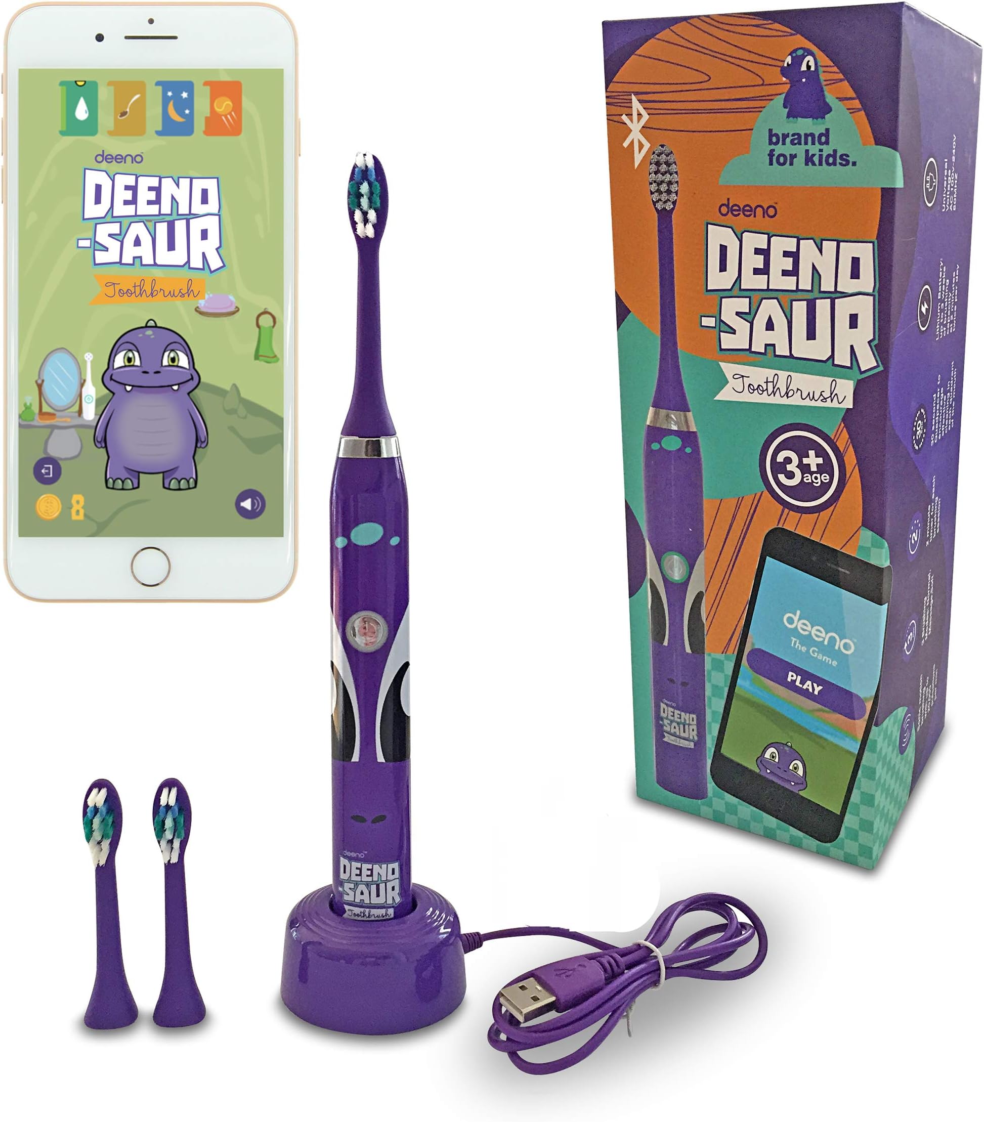 Deeno DEENO-Saur Rechargeable Electric Toothbrush Powered by Lithium Battery & USB charging | Purple Colour | Suitable for Ages 3+ Years | 5 Brushing Modes | Connect to Deeno App with Bluetooth (Available to download 5th Dec for Android & 16th Dec for iOS)