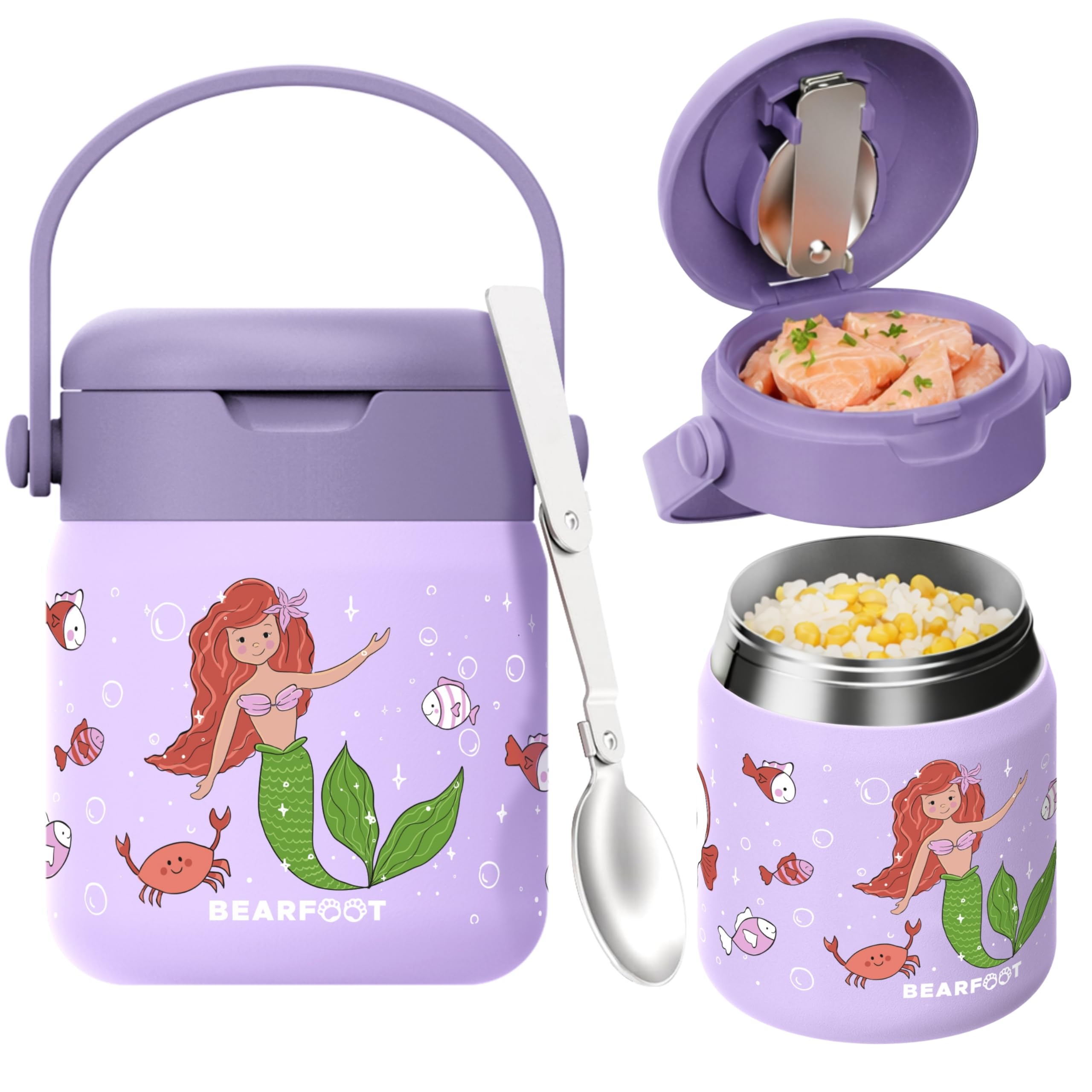 BEARFOOT Kinder Thermobehälter Edelstahl 500ml, BPA-frei | Auslaufsicher, mit faltbarem Löffel & Tragegriff, für Kindergarten & Schule