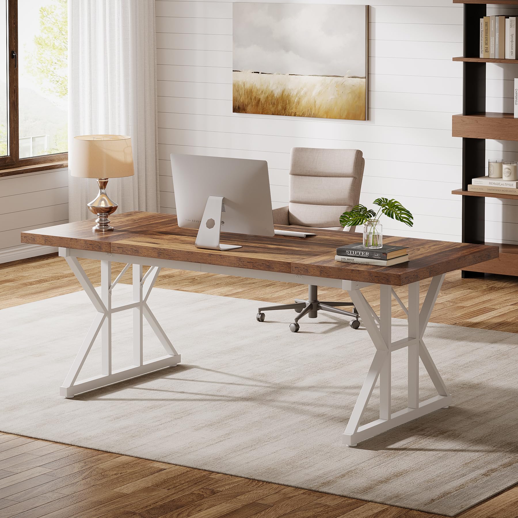 Tribesigns 70.86-Inch Large Executive Desk, Industrial Home Office Computer Desk, Simple Long Writing Study Table Business Furniture (Brown-White)