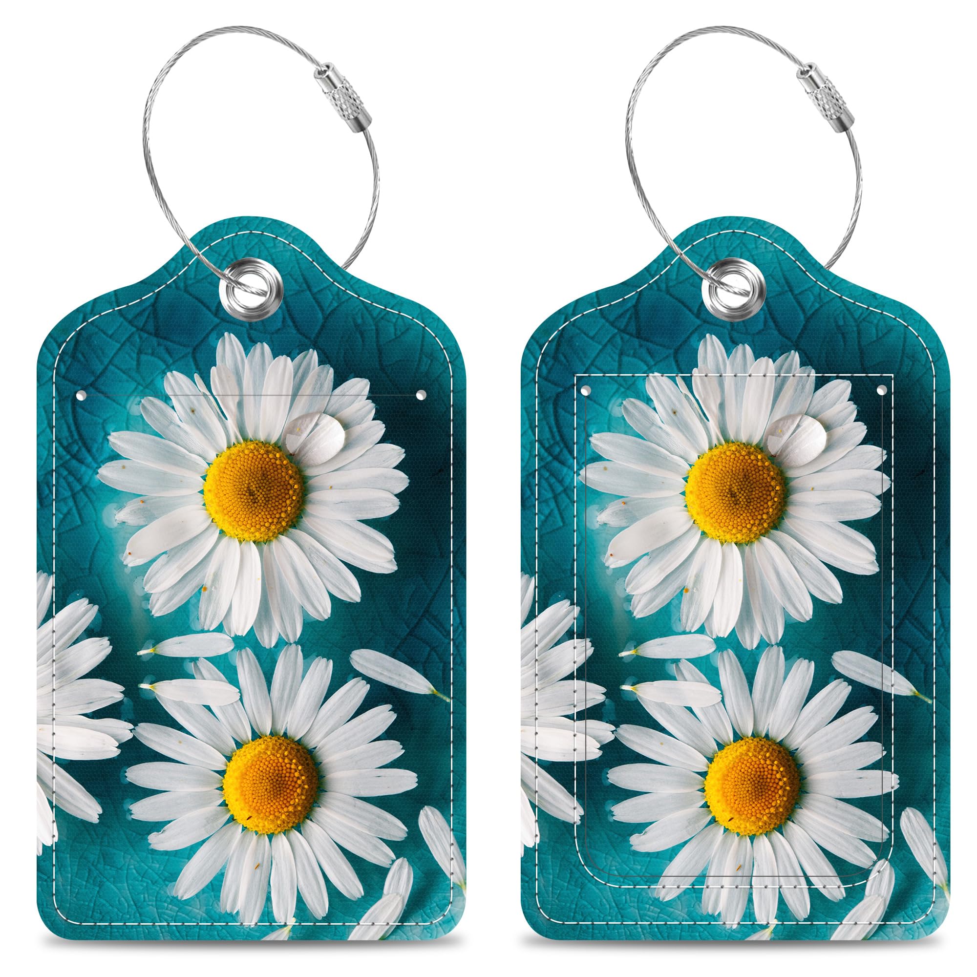 Daisies Floating in Turquoise Water Luggage Tags 2PCS PU Leather Suitcases Tag with Stainless Steel Loop and Privacy Name Address Cover Label Card for