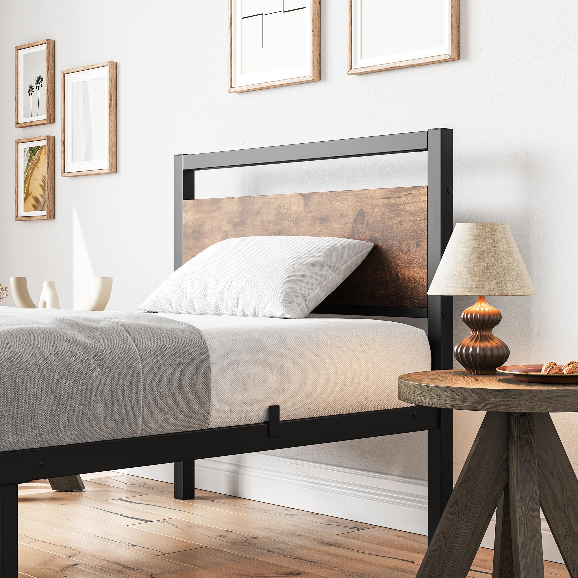 Bett 90x200 Bettrahmen aus Metall Holz Metallbett Einzelbetten Bettgestell Jugendbett 90x200 mit Lattenrost,Metall Bed Frame Braun und Schwarz