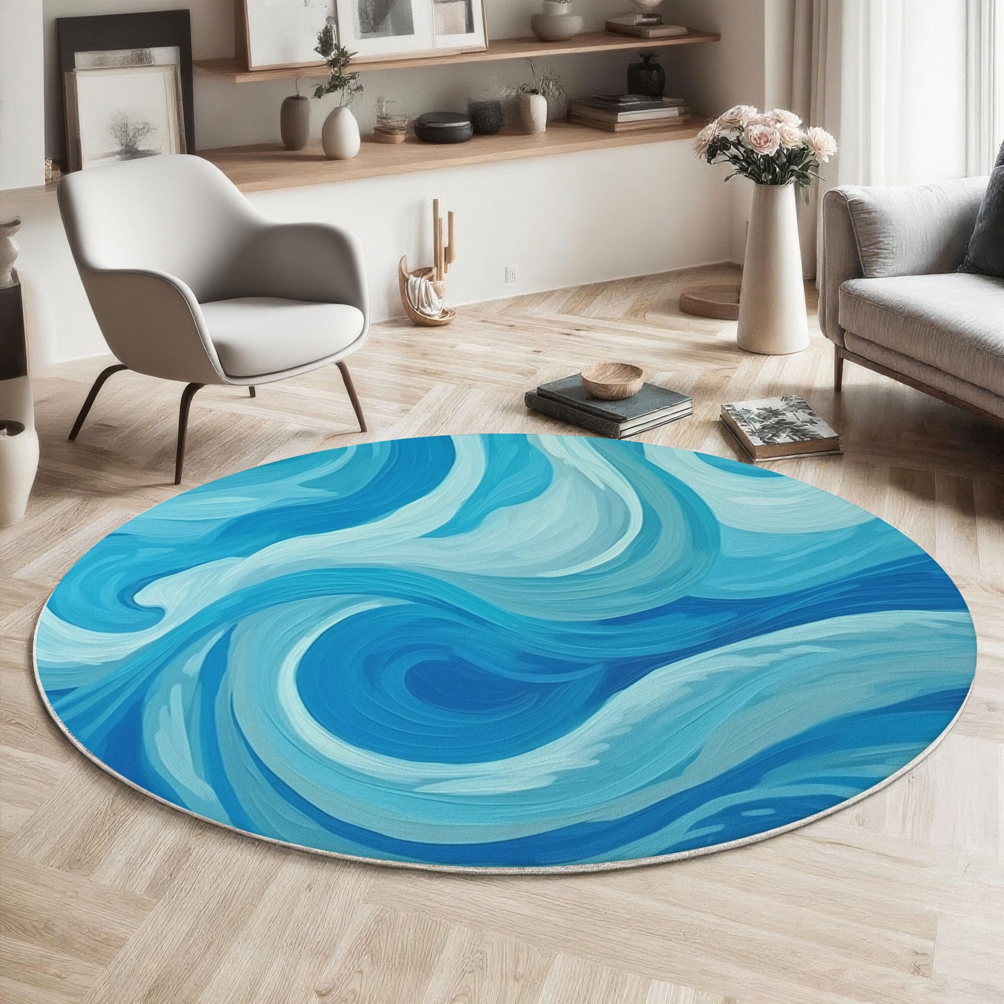 Tapis lavable en machine rond 100cm bleu avec dossier antidérapant