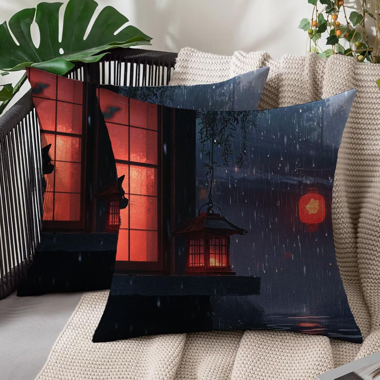 Housse de coussin imperméable 55x55 cm lot de 2 avec fermeture invisible Japon Pluie