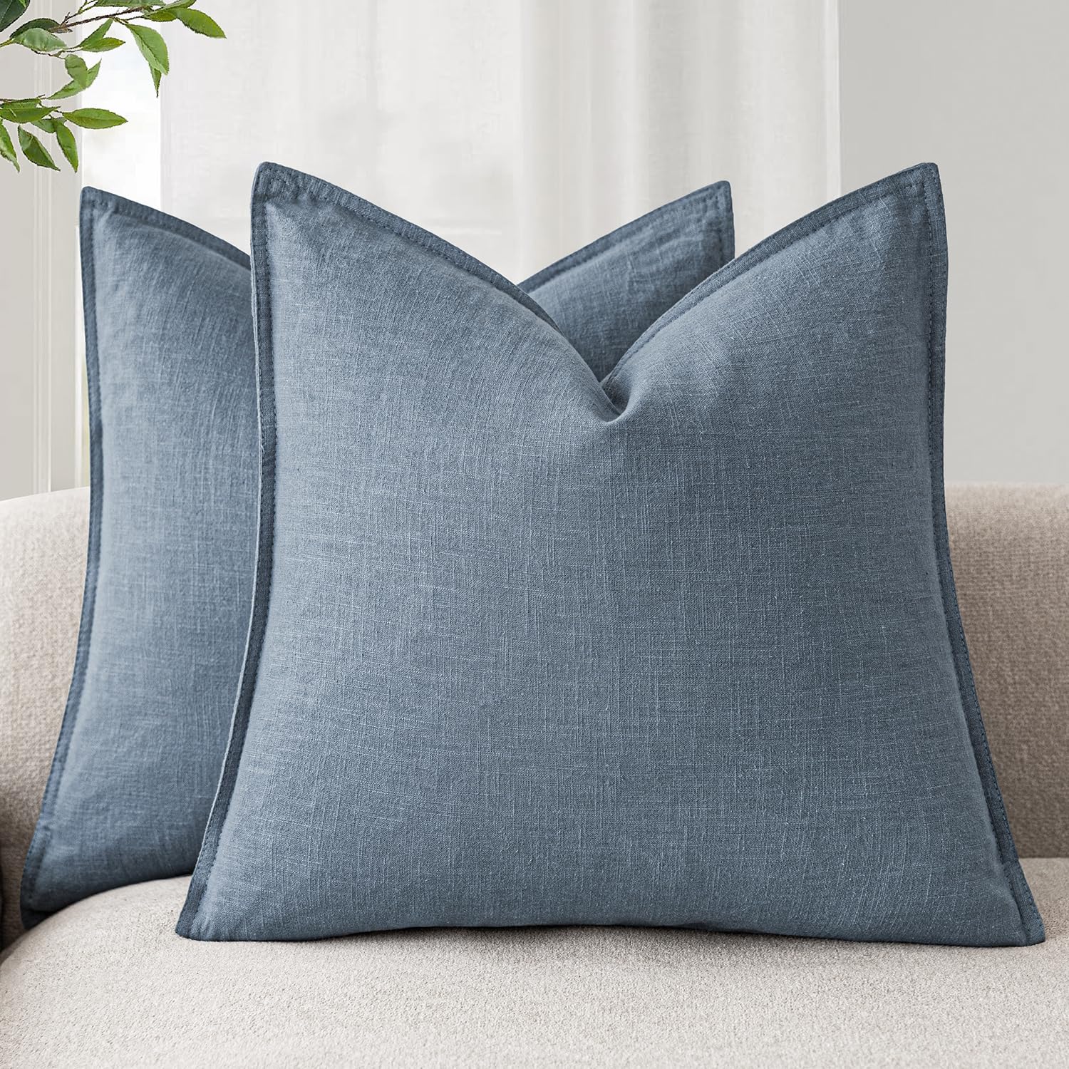 Foindtower Set of 2, Decorative Linen Soild Throw Pillow Covers Soft Accent Euro Cushion Case Boho Farmhouse Neutral Pillowcase for Couch Sofa Bedroom Living Room Home Decor 18 x 18 Inch Misty Blue — image 1