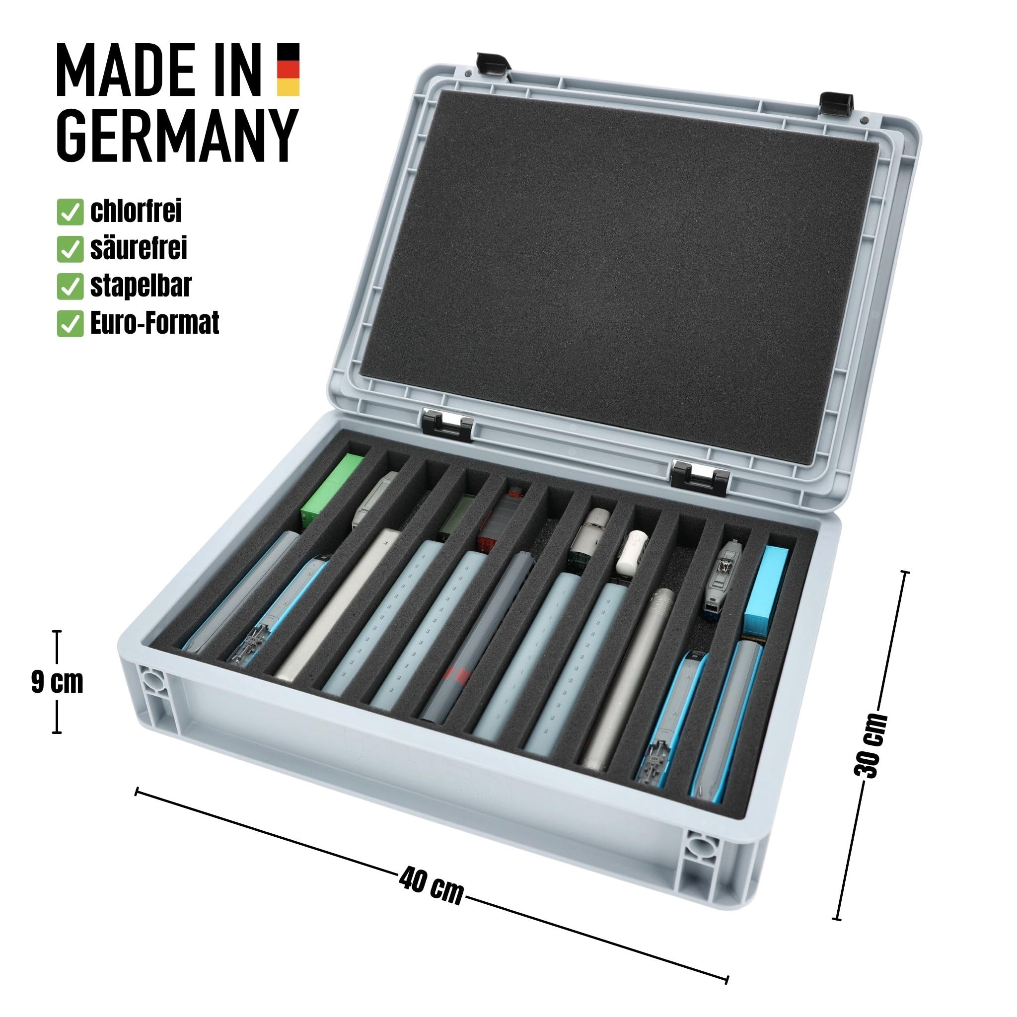 Feldherr Eurobox 40 x 30 cm Set für Modelleisenbahnen - Spur N - 11 Fächer - Schaumstoffeinlage für stehende Aufbewahrung - kompakte Transportlösung für Loks und Waggons