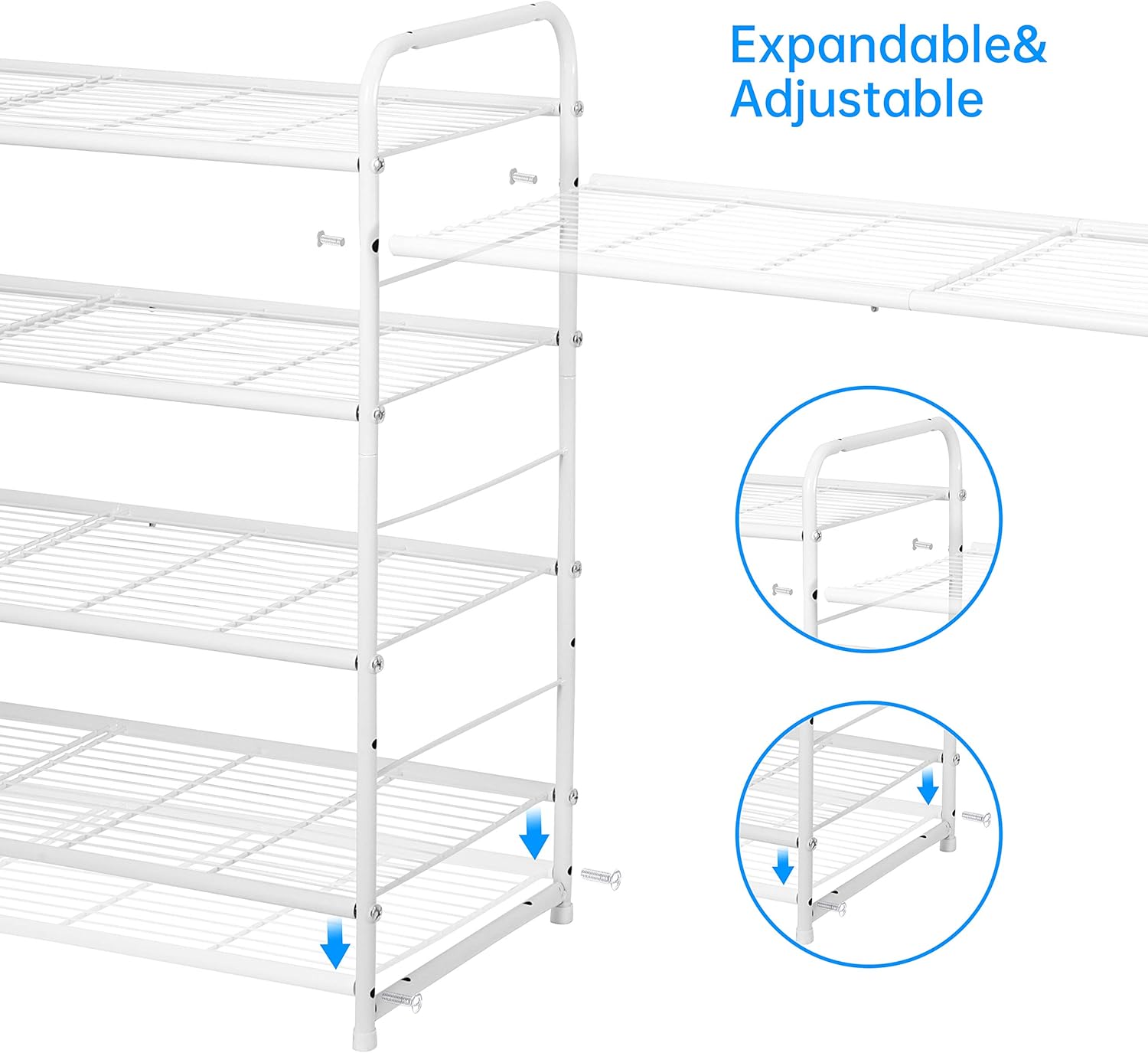 Simple Trending 4-Tier Stackable Shoe Rack, Expandable & Adjustable Shoe Organizer Storage Shelf, Wire Grid, White