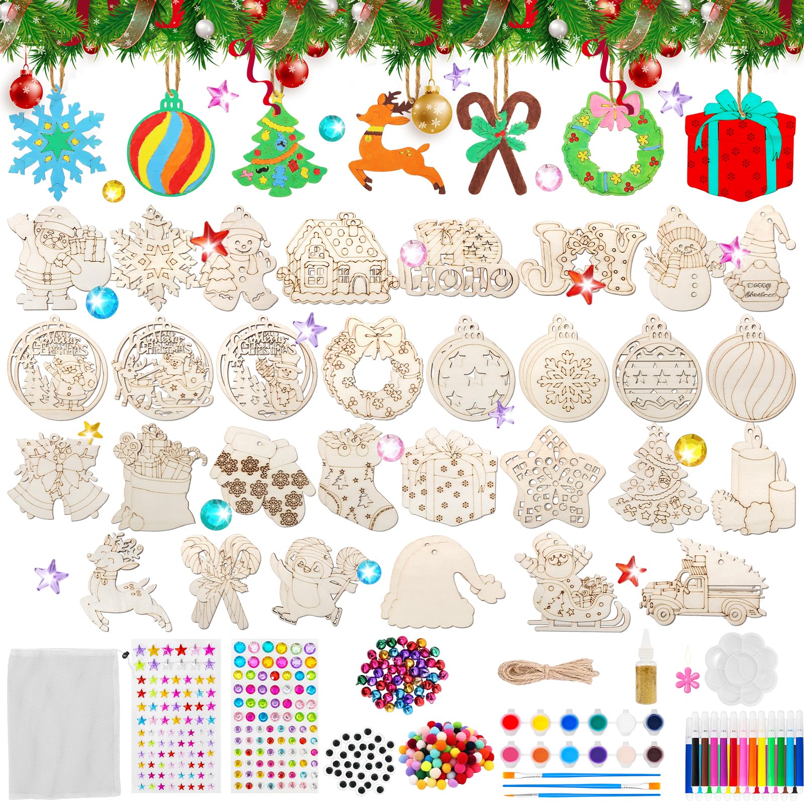 ZycBernoi Kit Creativo 47 Pezzi - Ciondoli In Legno Magici Da Dipingere Con Matite, Strass E Cordini, Attività Fai Da Te Per Bambini