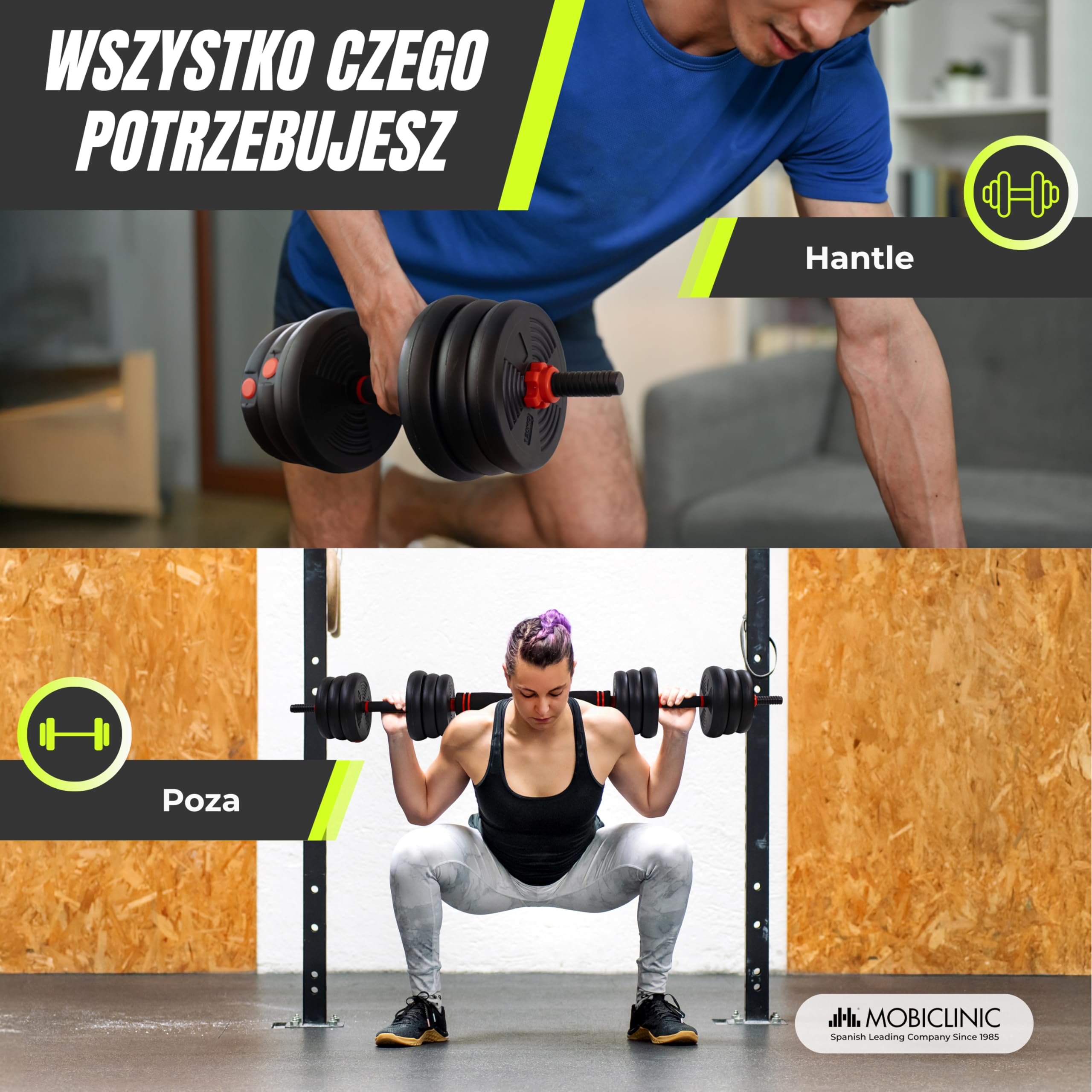 Mobiclinic®, Zestaw Hantli 20 kg, 4 w 1, Zestaw Ciężarków, Hantle, Kettlebells i Stojak do Pompek, Drążek Łączący, Uchwyt Antypoślizgowy, Mobimax, Siłownia Domowa, Fitness