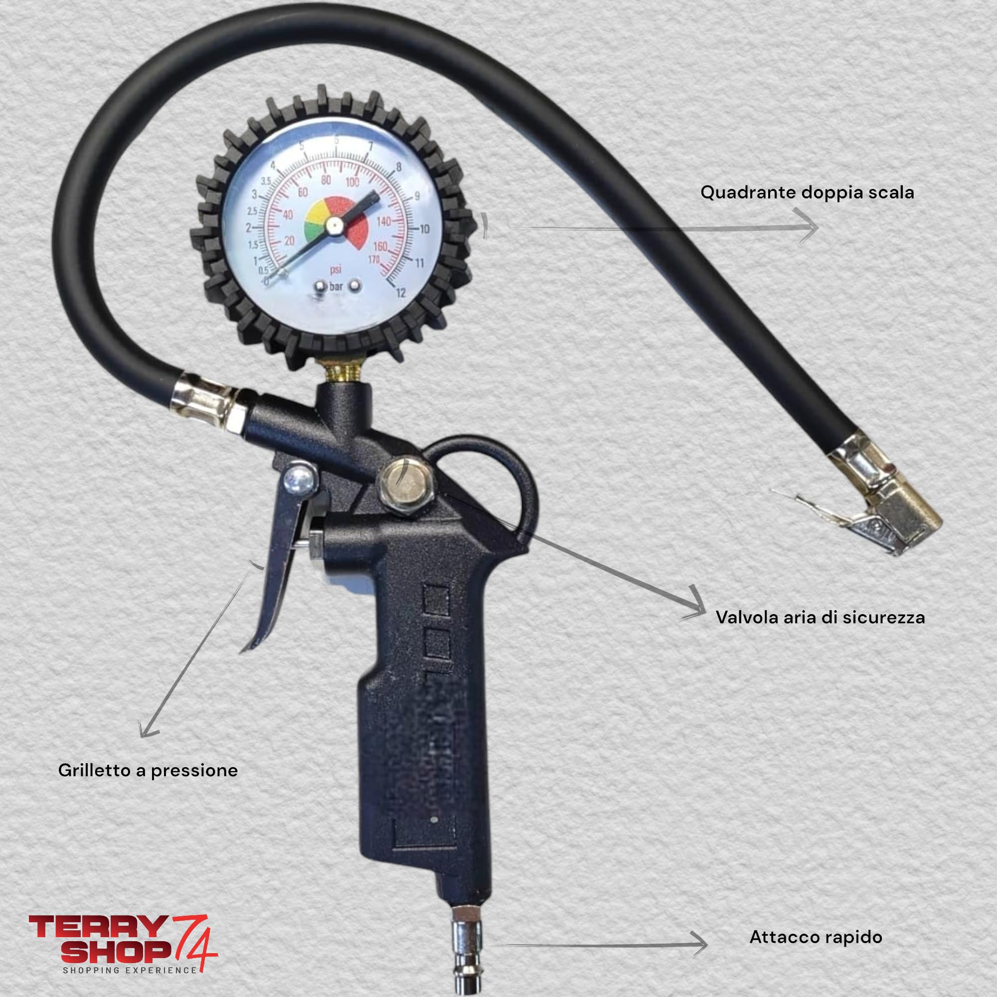 Pistola Gonfiaggio Pneumatici Professionale Con Manometro 170psi - Per Auto, Moto, Camion E Bici - Attacco 1/4 - Foto 2