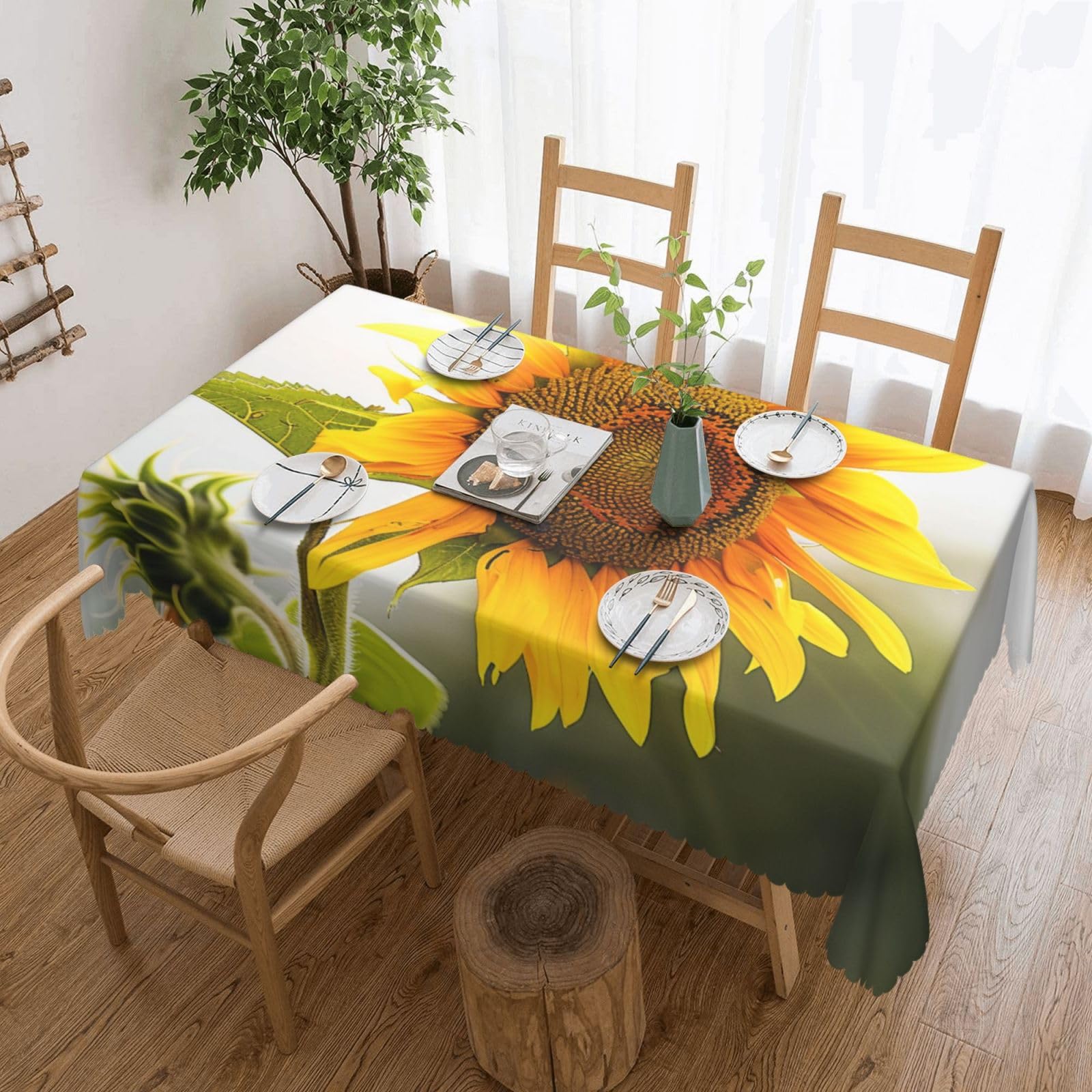 WPKJU Bloom Sunflower Printed Rectangle Tablecloth 72x54 Inch with Lace Trim, Water-Resistant Washable Table Cover for Farmhouse Weddings, Outdoor Picnics & Holiday Dining