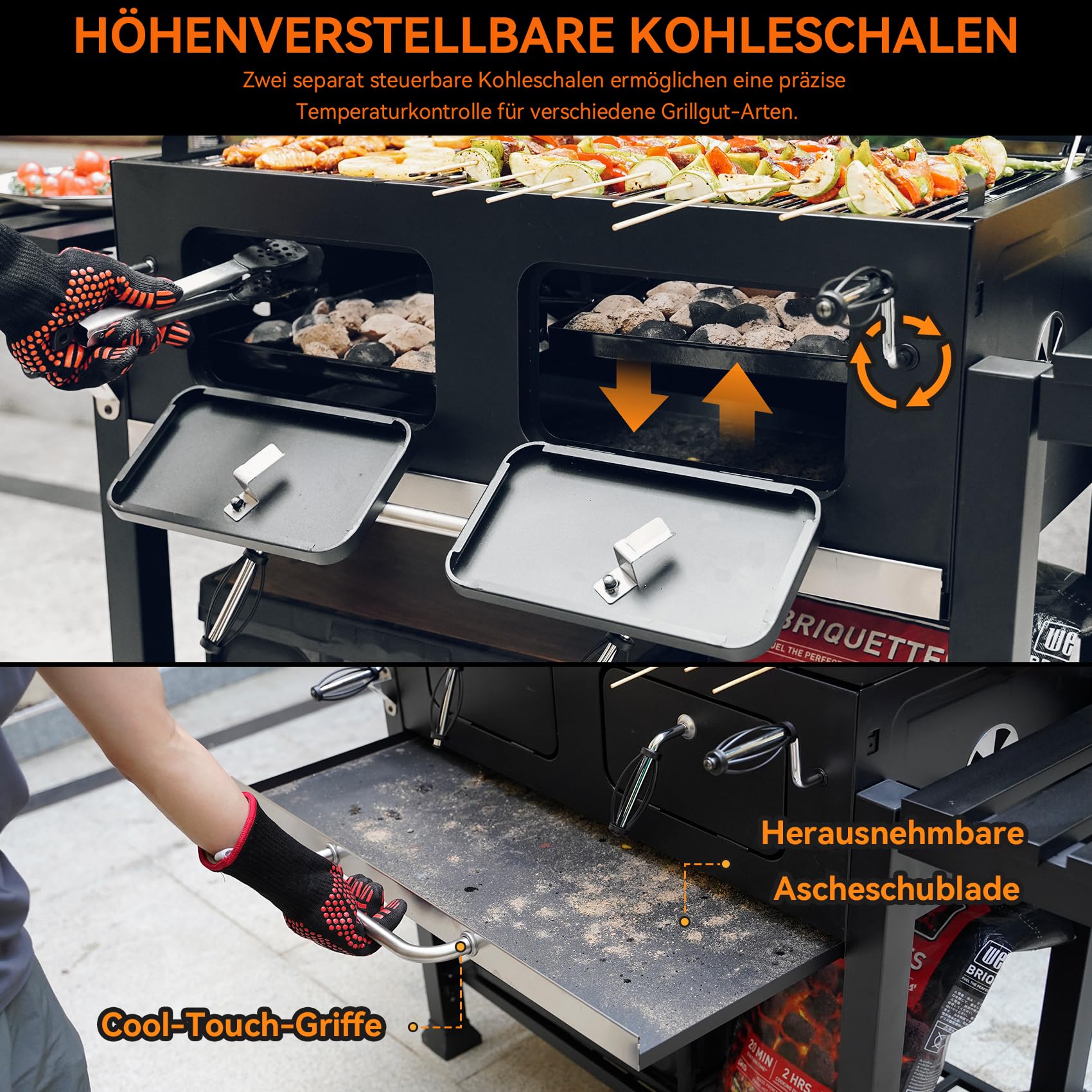 onlyfire Holzkohlegrill mit Deckel, Grill Grillwagen BBQ Smoker mit Rädern, Edelstahl Grillrost, Abdeckungen und Verstellbarer Kohlewanne, Großer Grill Holzkohle für Party, Camping