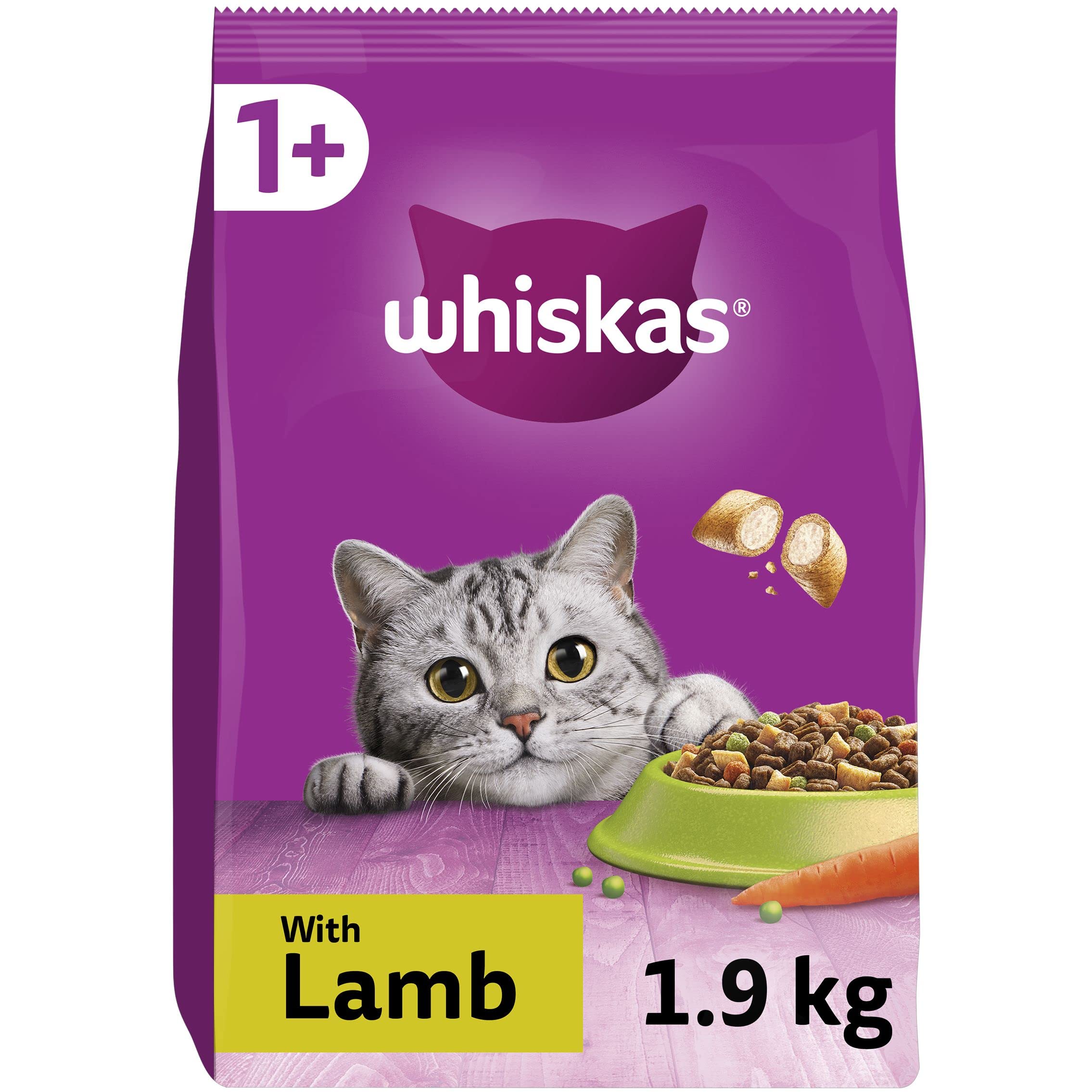 whiskas1+ Lamb Pack of 4 x 1.9 kg, Adult Cat Dry Food