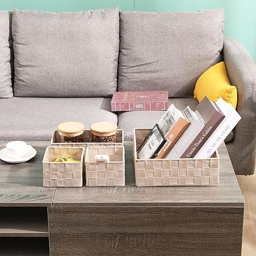 Miniatura 7 de Juego de 4 cestas de almacenamiento tejidas de polipropileno con marco de metal, cajas de tela apilables para cajones, armario, estante, guardería y