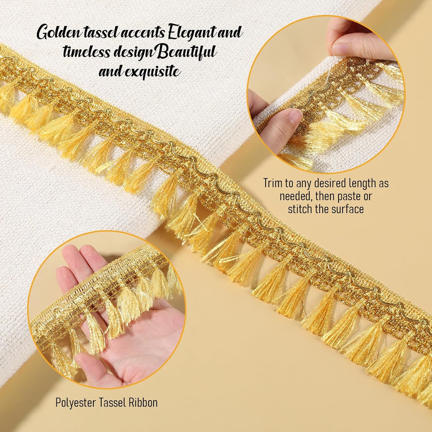 6 Yards Gold Fringe Trim, 2.17” Wide Polyester Gold Tassel for Sewing Curtain Embellishments Lamp Shade, Fabric Lace for DIY Crafts Home Decor Supplies
