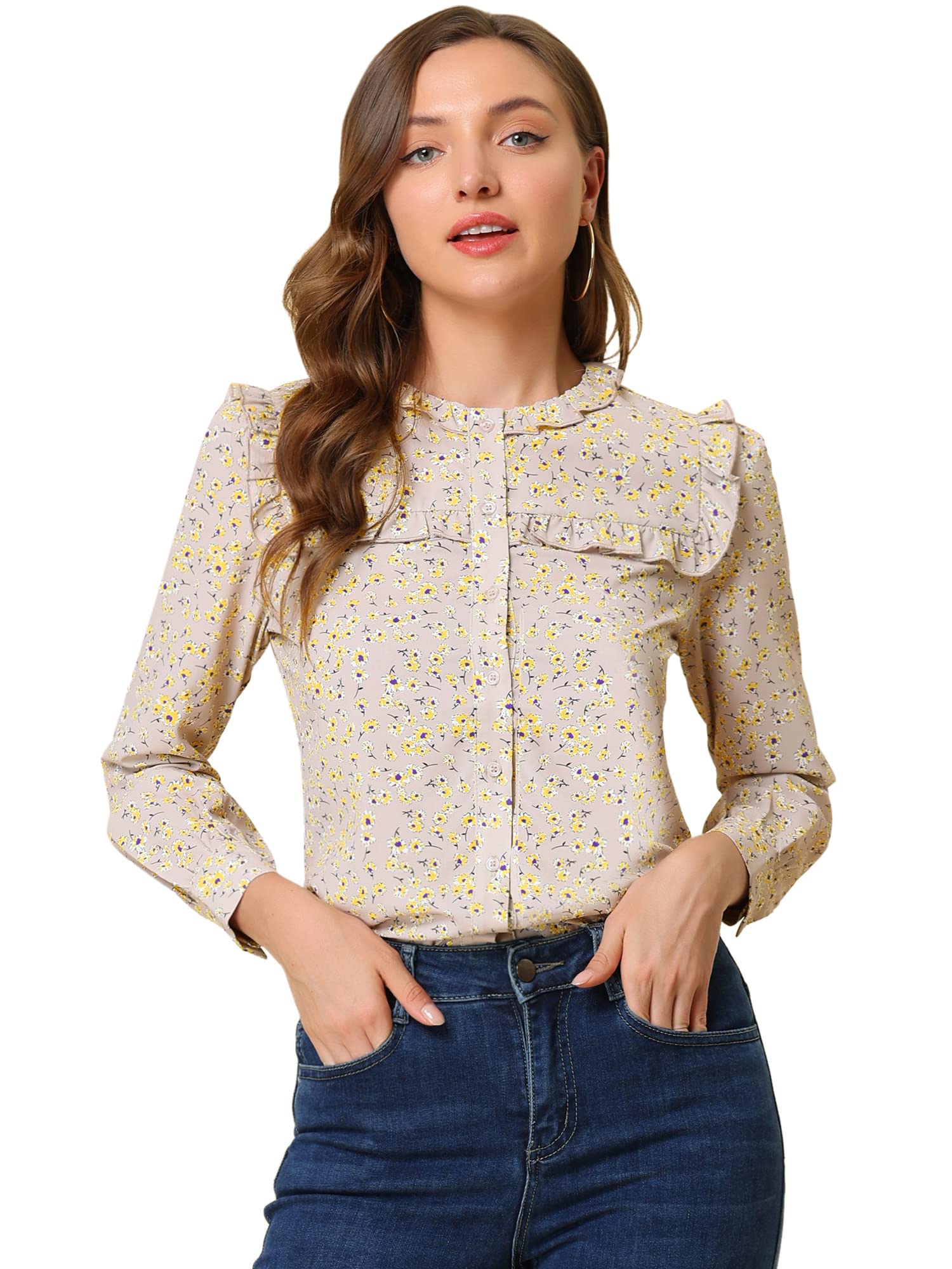 Allegra KWomen's Ruffled Blouse Round Neck Long Sleeve Button Down Floral Shirt Top