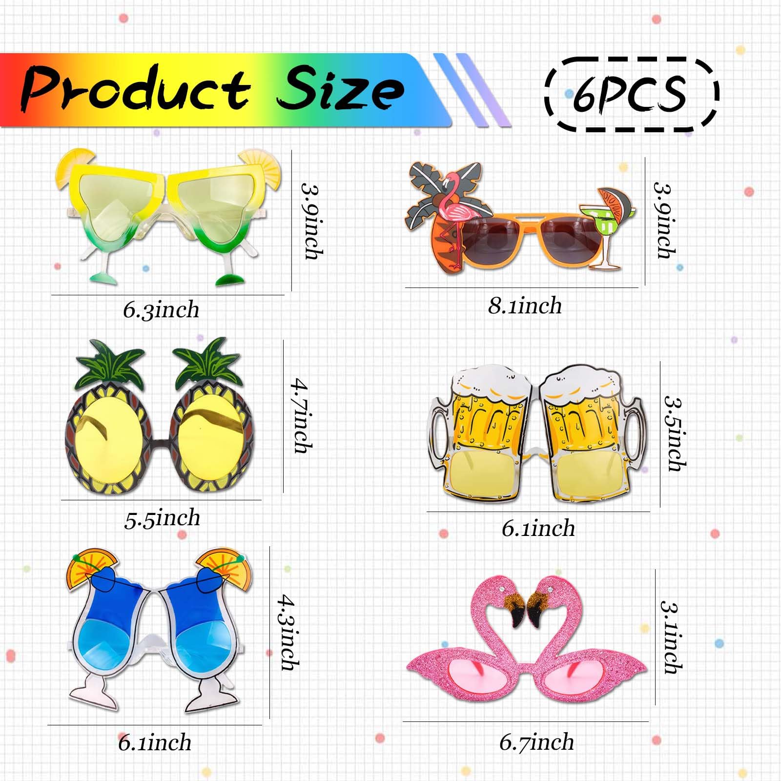 Eowppue 6 works Hawaiian-Style Sunglasses, Decorative Frame Glasses, Colorful Themed Eyewear for Styling and Visual Accent - Image 2