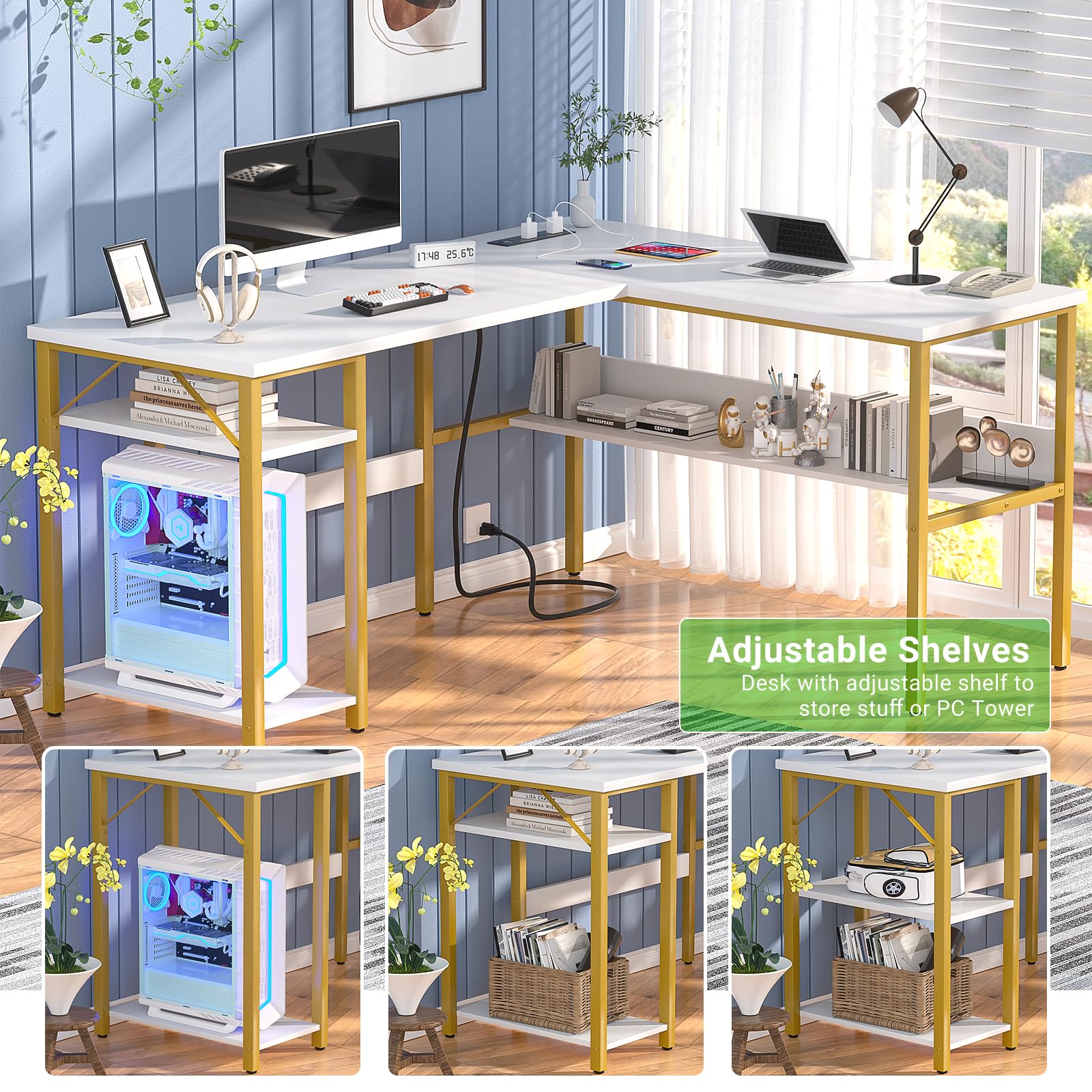 Amazon | Unikito L型デスク コンセント付き USB充電ポート付き