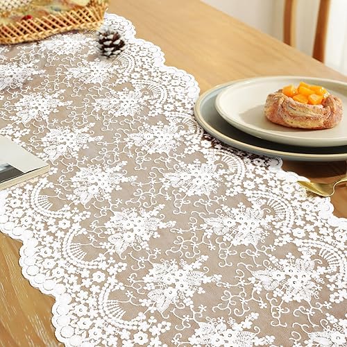 Camino de mesa de encaje blanco de 72 pulgadas de largo, decoración de mesa, decoración vintage de mesa de comedor de cocina, camino de encaje de