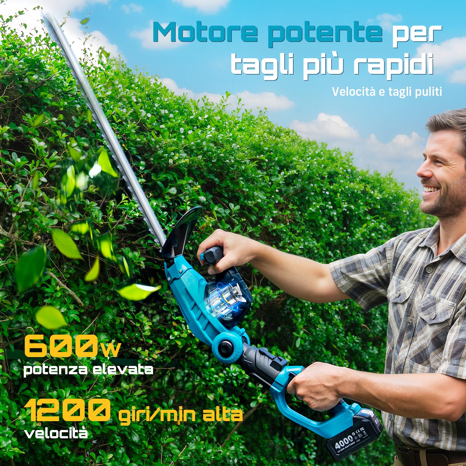 SEESII Tagliasiepi Telescopico a Batteria 2 in 1, Tagliasiepi a Batteria con Lama Doppia da 53 cm, Lunghezza Regolabile fino a 2,6 m, Taglio 18 mm, 2 Batterie 4,0Ah, per Siepi, Alberi e Arbusti