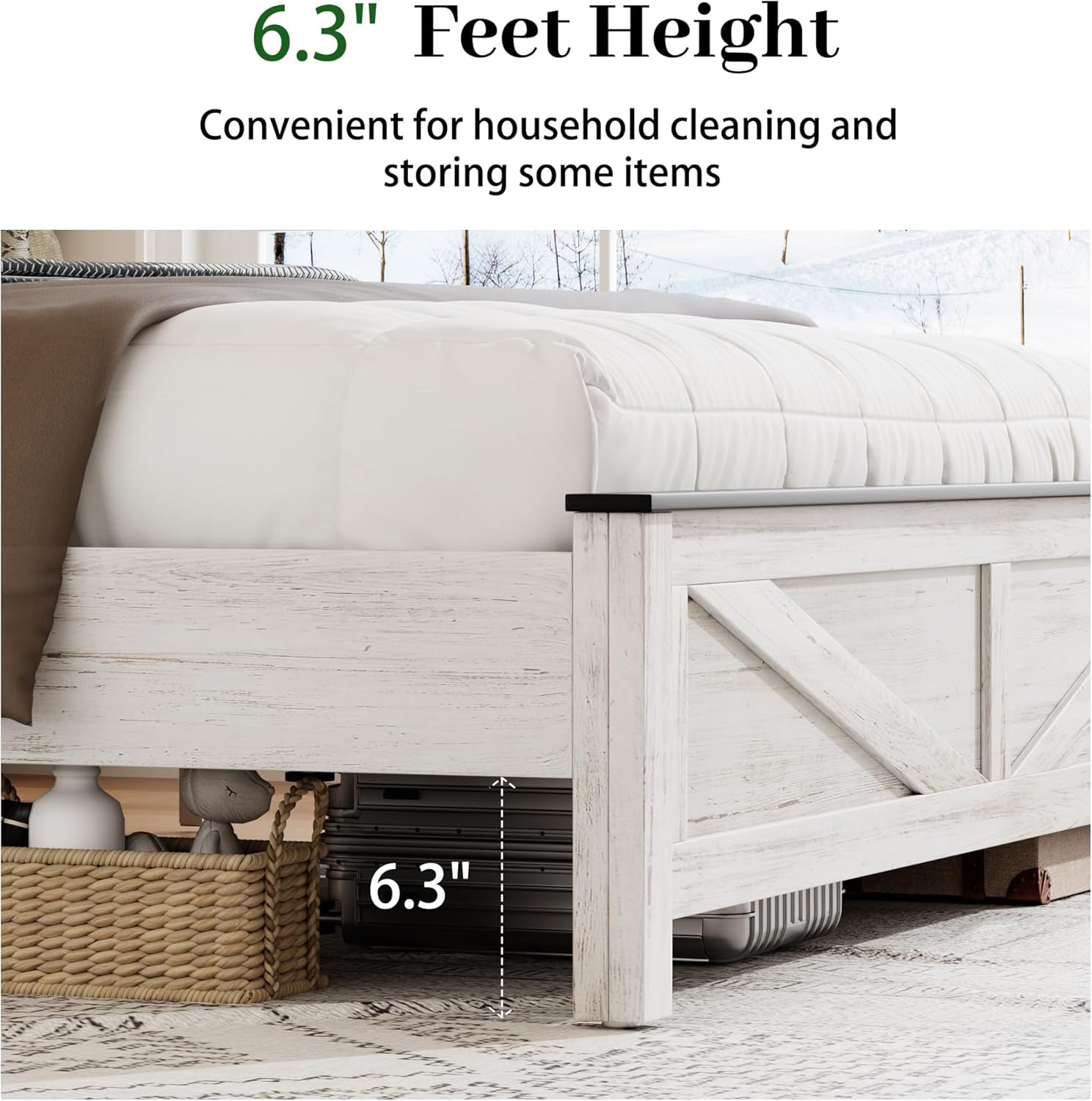 King Size Bed Frame with Headboard, Rustic Farmhouse Wood Bed Frame with LED Lights and Charging Station, Easy Assembly, No Box Spring Needed (White, King)