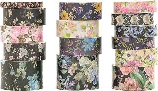 Floral Washi Tape Set - 15 Rolls Flowers Arts Adhesive Tapes Garden Blooms Decorative Masking Tape Sets for Craft, Kids, Scrapbook, DIY, Gift Wrloapping (2-Midnight Bloom)