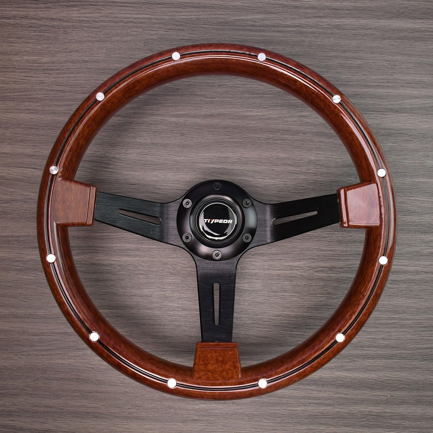 Wooden Racing Steering Wheel 14 Inch 350MM 6 Bolt Black Aluminum 3 Spoke Rivet Steering Wheel with Horn Button for Racing/Rally/Motor Sports,Universal