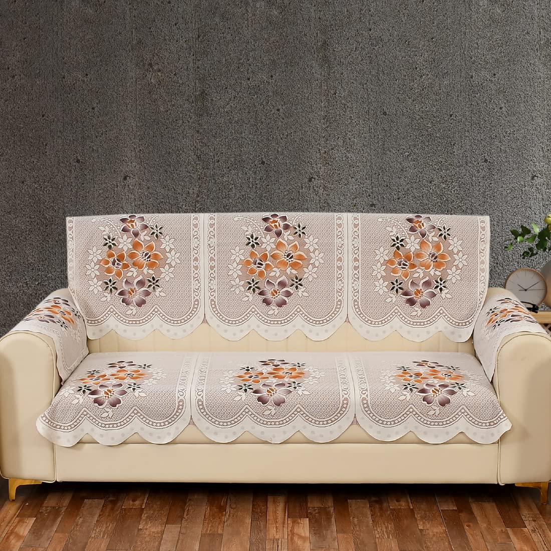 BIGGER FISH Poly Cotton Floral Sofa Cover (Brown, 3 Seater Sofa Cover with arm Covers)-image-40