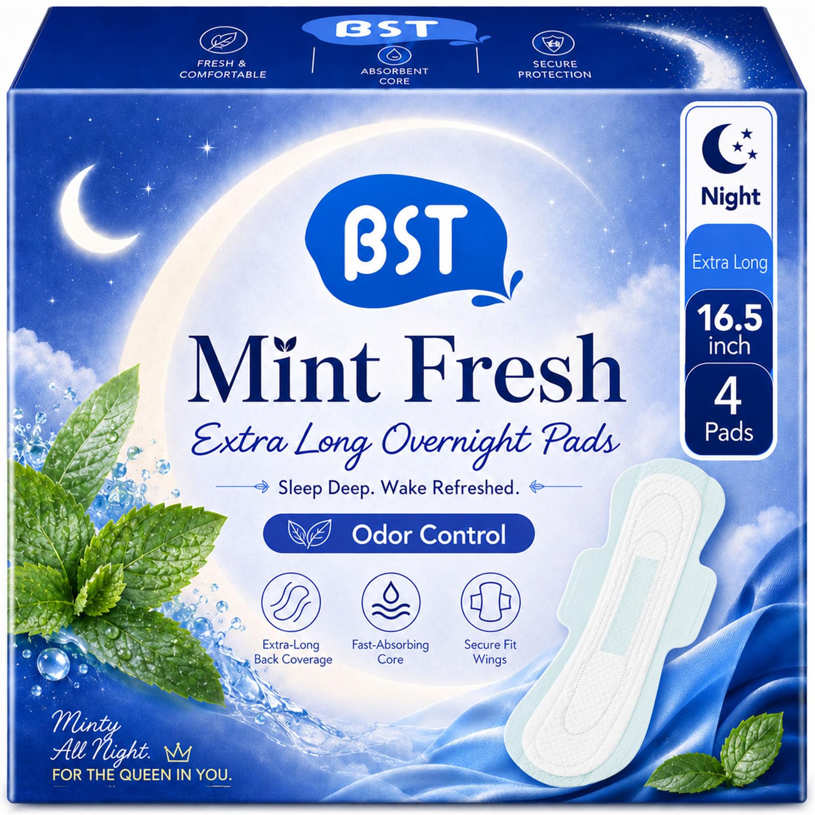 BST Mint Fresh Extra Heavy Overnight Period Pads, 16.5 Inch, 4 Count