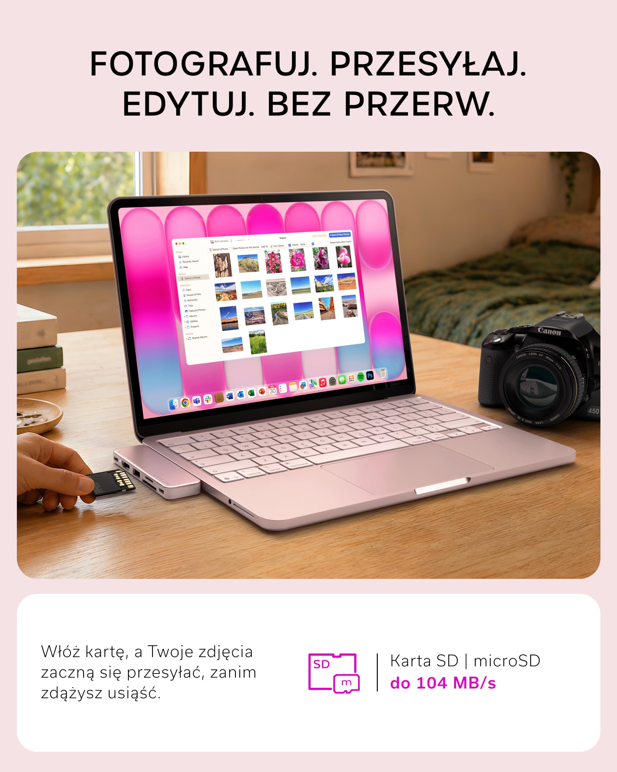 SATECHI hub USB-C Snap 6 w 2 do MacBooka Neo, różowy
