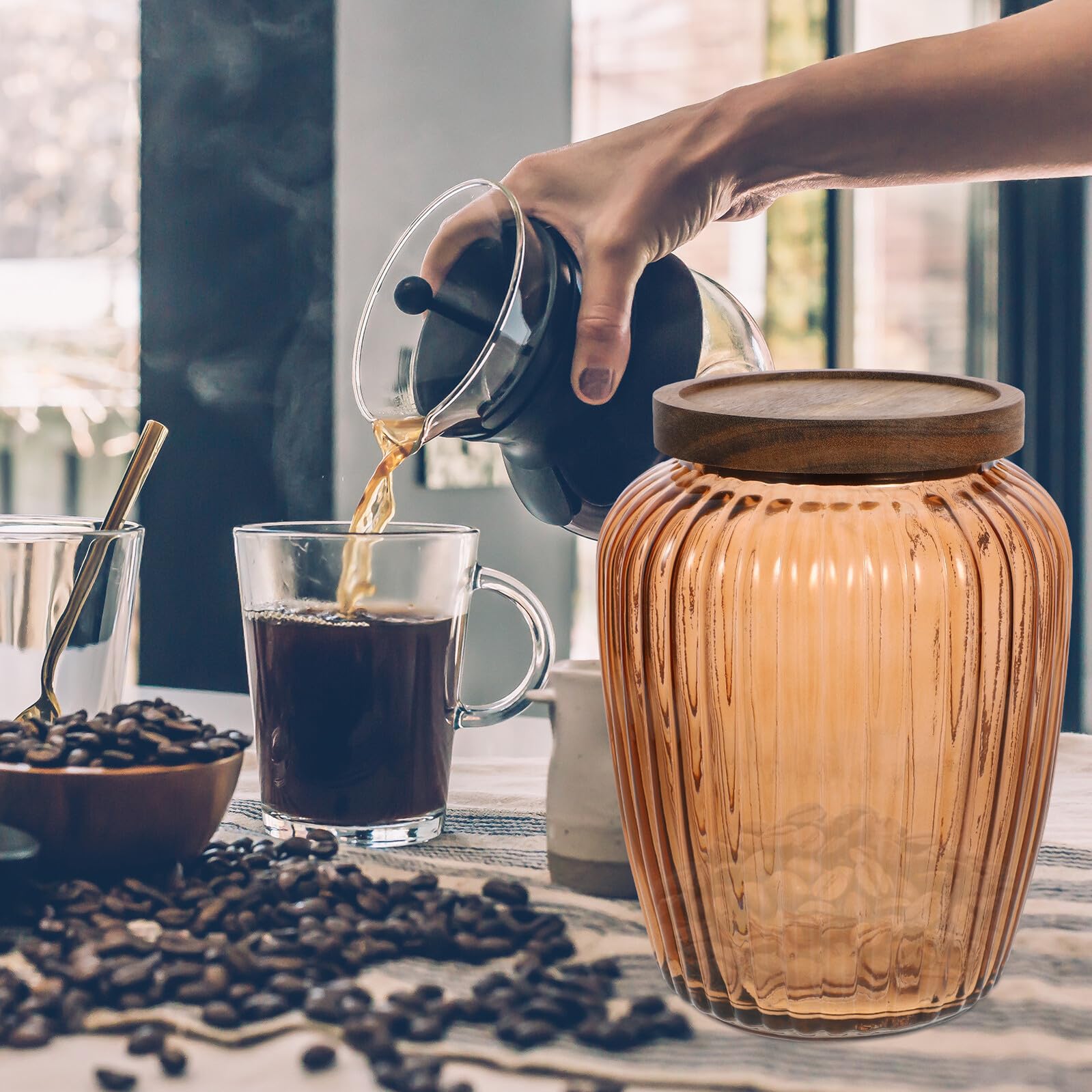 Ipetboom Contenitore Ermetico per Alimenti 2200ml in Vetro Trasparente con Coperchio in Legno Marrone per Conservare Chicchi di Caffè e Cereali in Cucina