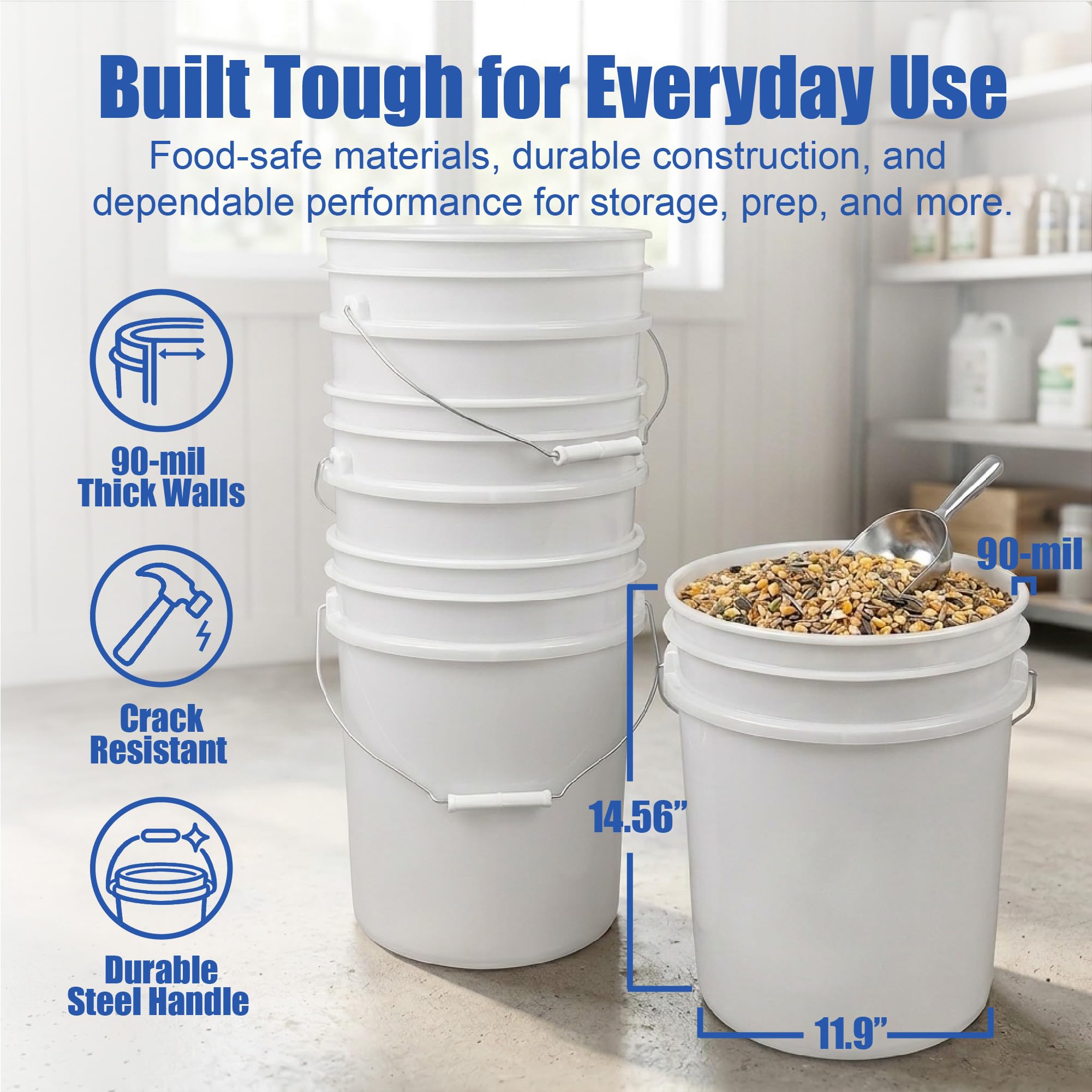 5 Gallon Bucket - Food Grade wLid BPA-Free12 Pack - White | Airtight Gasketed Tear Strip Lid Heavy-Duty 90 Mil HDPE Plastic Pail Bulk Storage Food Safe Durable Container Made in USA product thumbnail 6
