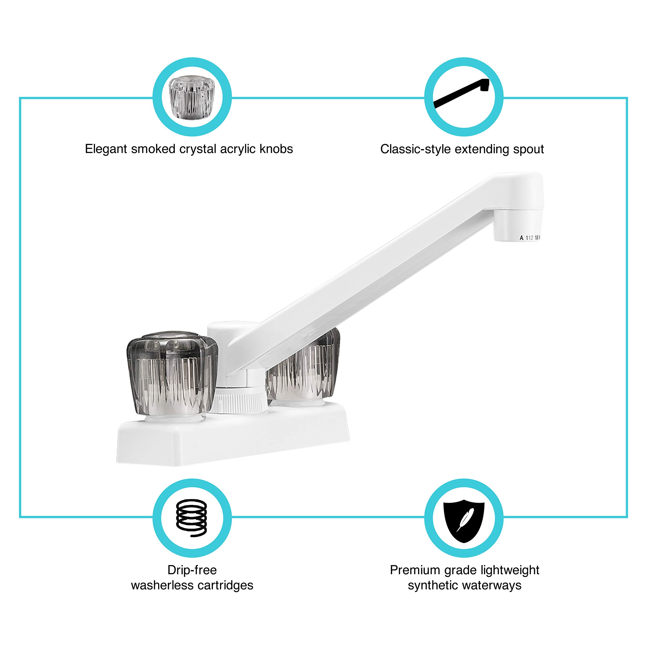 Dura Faucet (DF-PK640S-WT) 4 llave de cocina, cocina o bar, color blanco, pomos acrílicos ahumados, autocaravana, quinta rueda, llave de repuesto para remolque de viaje Dura Faucet