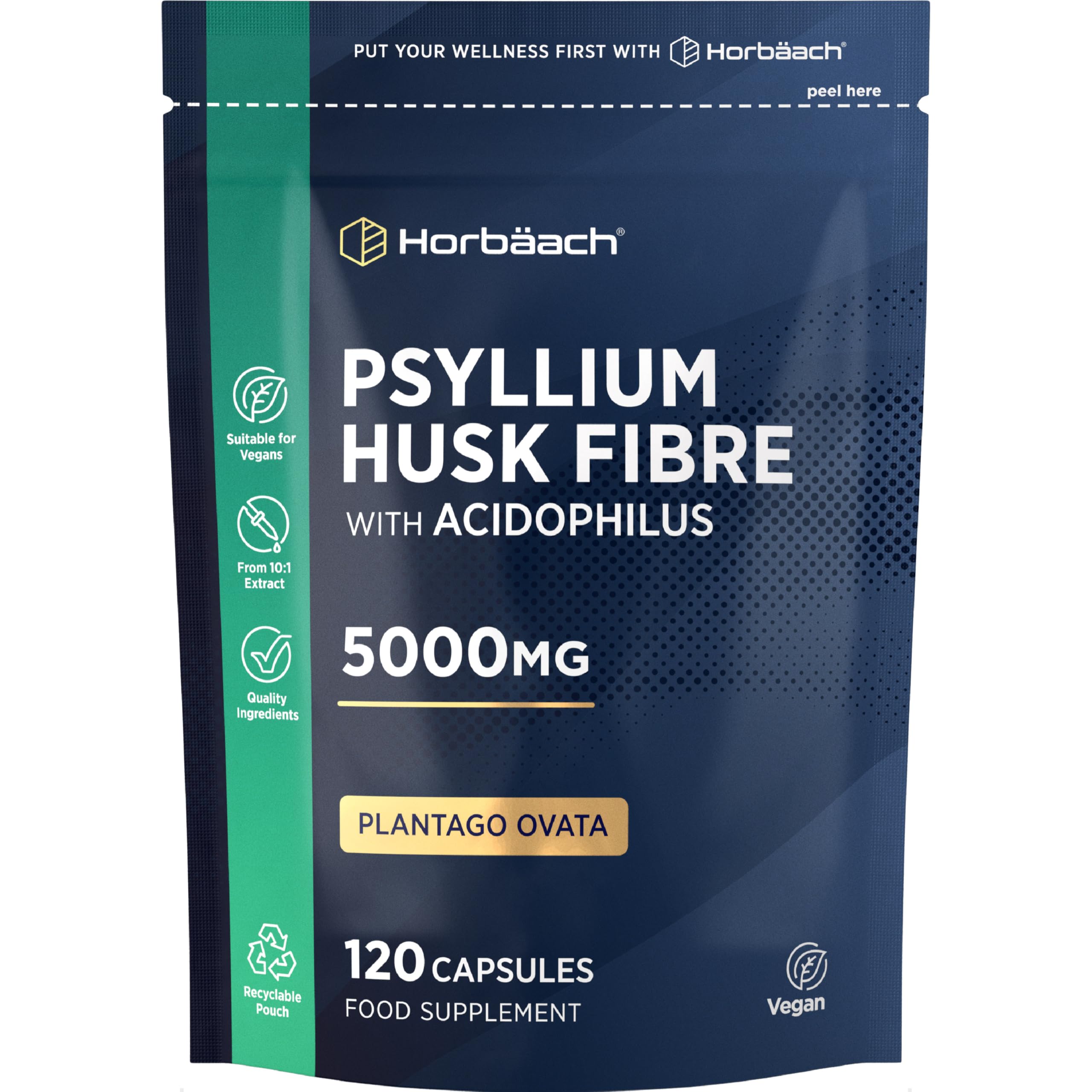 Psyllium Husk Capsules 5000mg with Acidophilus | Natural Soluble Fibre Supplement with ProBio | Plantago Ovata Seed Husk Extract | 120 Vegan Capsules | by Horbaach