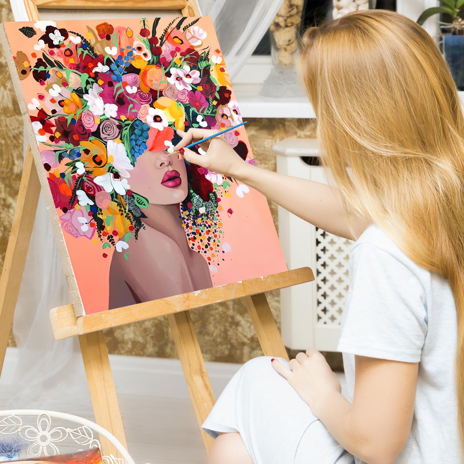 gelrovaled Dipingi con i Numeri per Adulti, Kit di Pittura acrilica Fai-da-Te per Adulti Principianti Facile su Tela, Decora la casa Regalo,con Vernici e pennelli, Flower Girl, 40 x 50cm