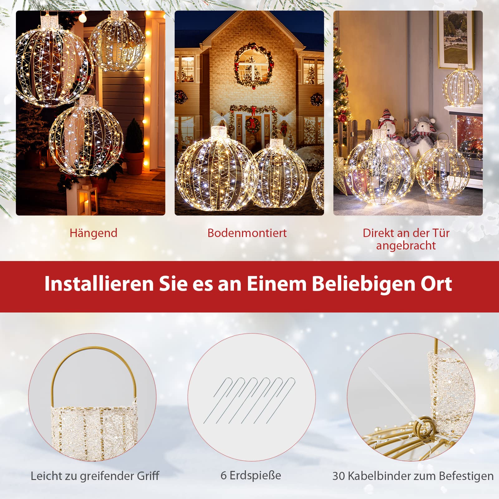COSTWAY 3er Set LED Dekokugeln, Leuchtkugeln, Weihnachtsbeleuchtung für außen und innen