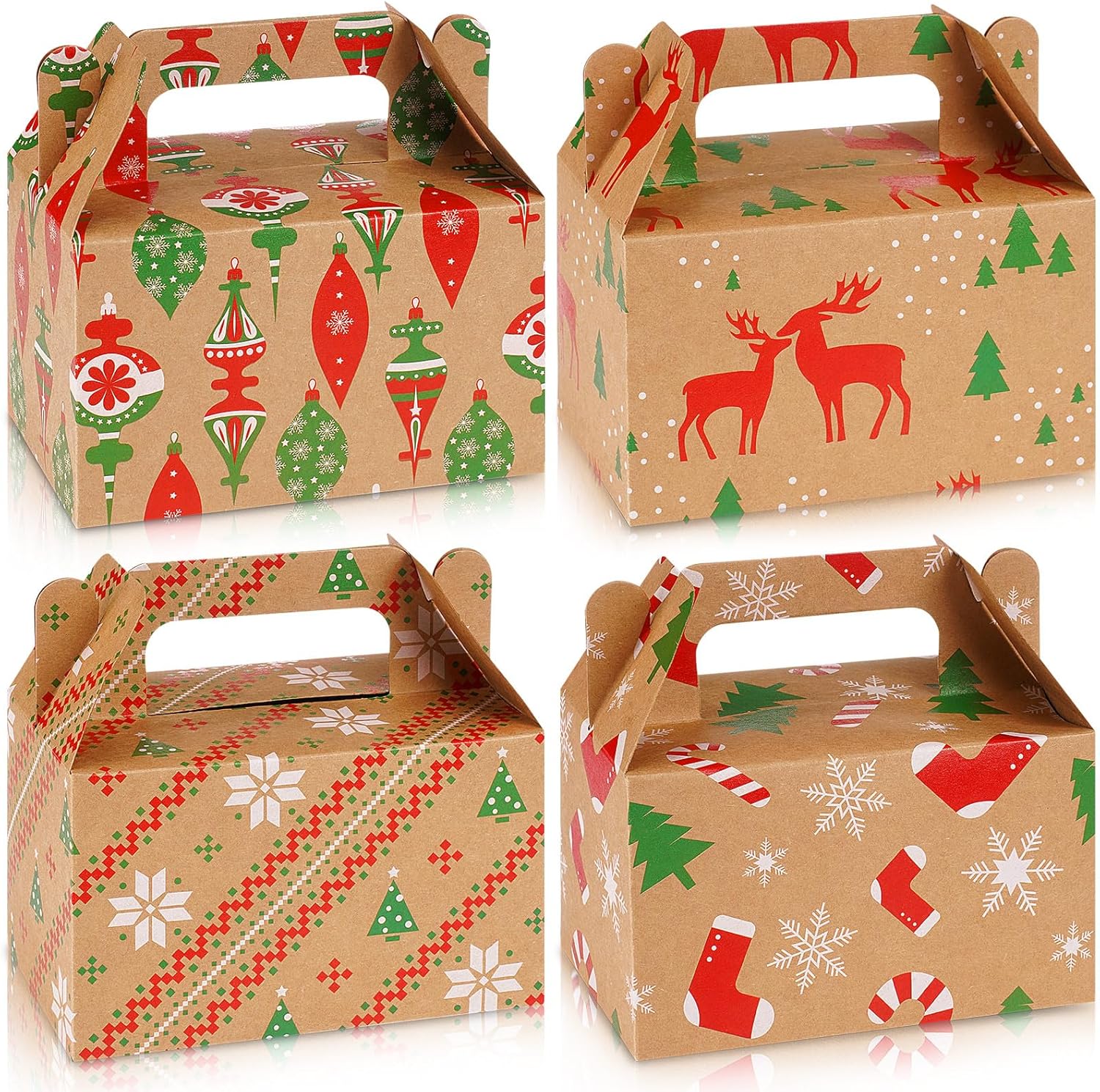 Fuyoooo 36 Pcs Christmas Gift Treat Boxes Xmas Kraft Boxes Holiday Cookies Goodie Candy Box with Handles Red Green Paper Container for Xmas Birthday Party Supplies